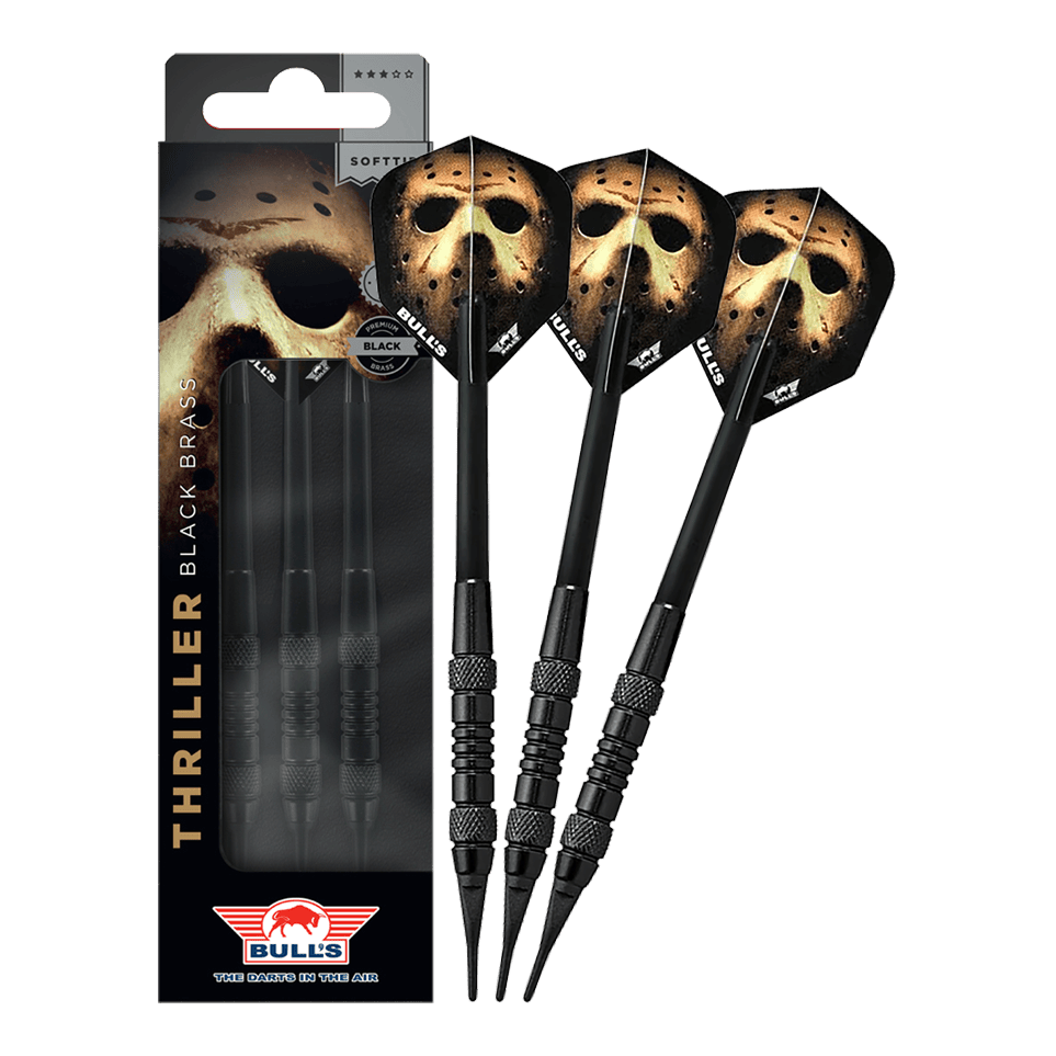 Bulls NL Thriller Black Brass Softdarts - 18g Das Bild zeigt Bulls NL Thriller Black Brass Softdarts mit 18 Gramm. Diese Softdarts zeichnen sich durch ihre schwarze Optik aus.