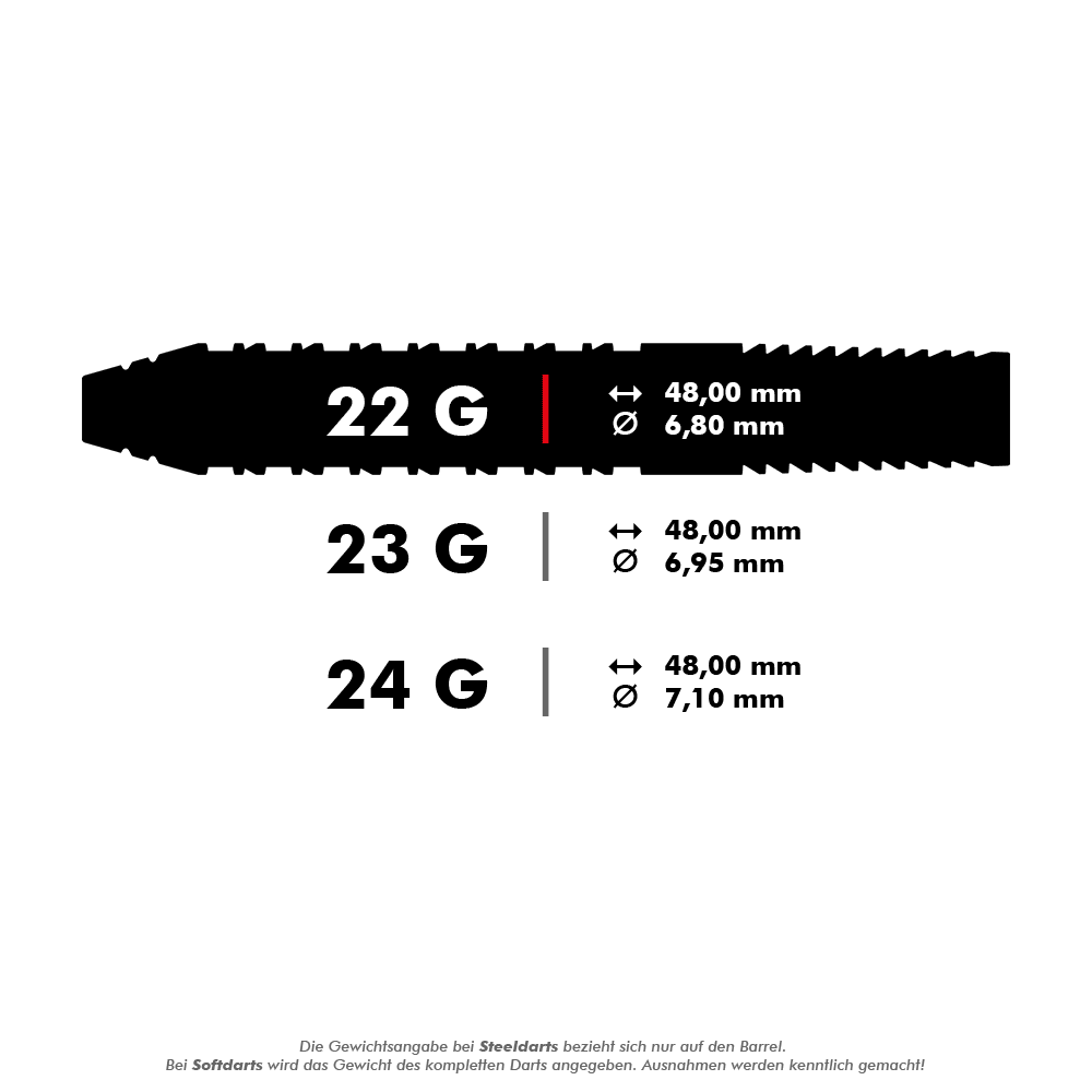 Target Bolide Void 02 Swiss Point Steeldarts Das Bild zeigt die technischen Daten von Steeldarts mit den Gewichten 22 g, 23 g und 24 g. Für jedes Gewicht werden die Länge von 48,00 mm und unterschiedliche Durchmesser angegeben.