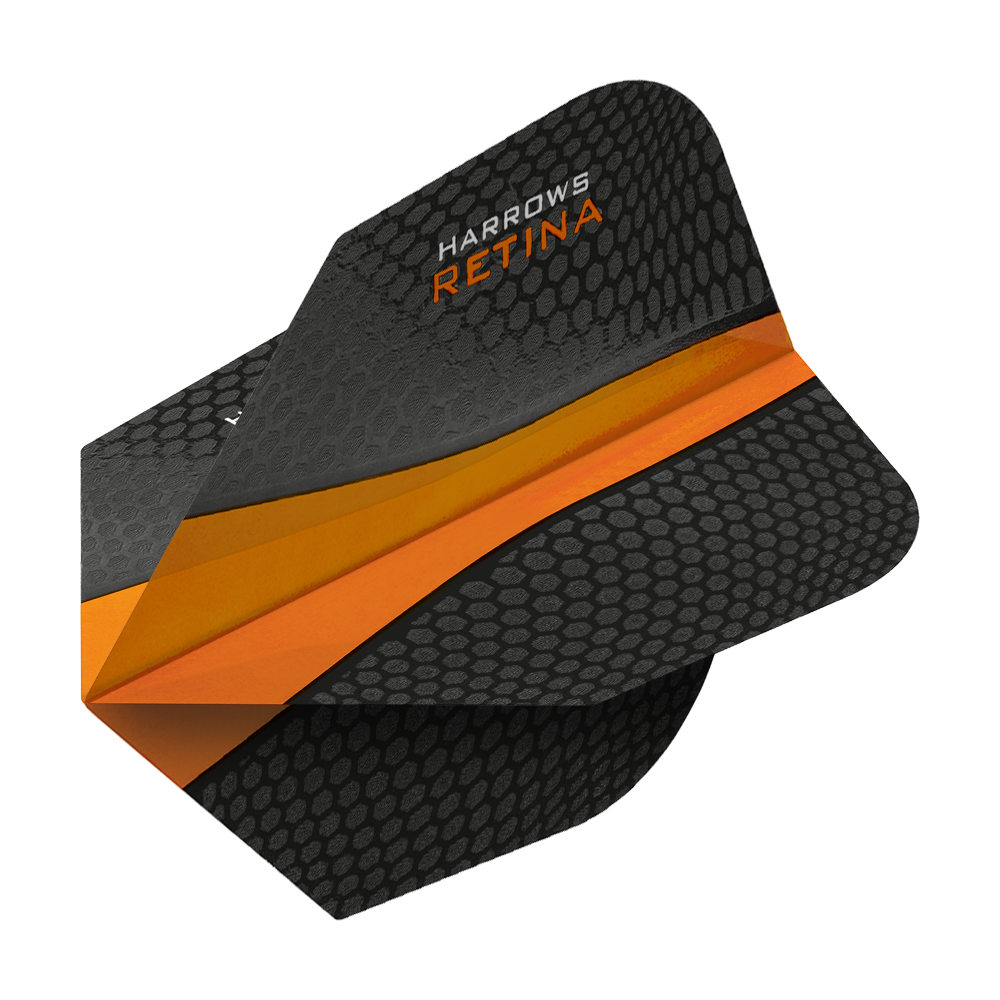 HR66_Harrows_Retina_Orange_No2_Standard_Flights_2 Das Bild zeigt ein schwarzes Dartflight mit Wabenmuster und orangem Streifen. Oben steht der Schriftzug "Harrows Retina".
