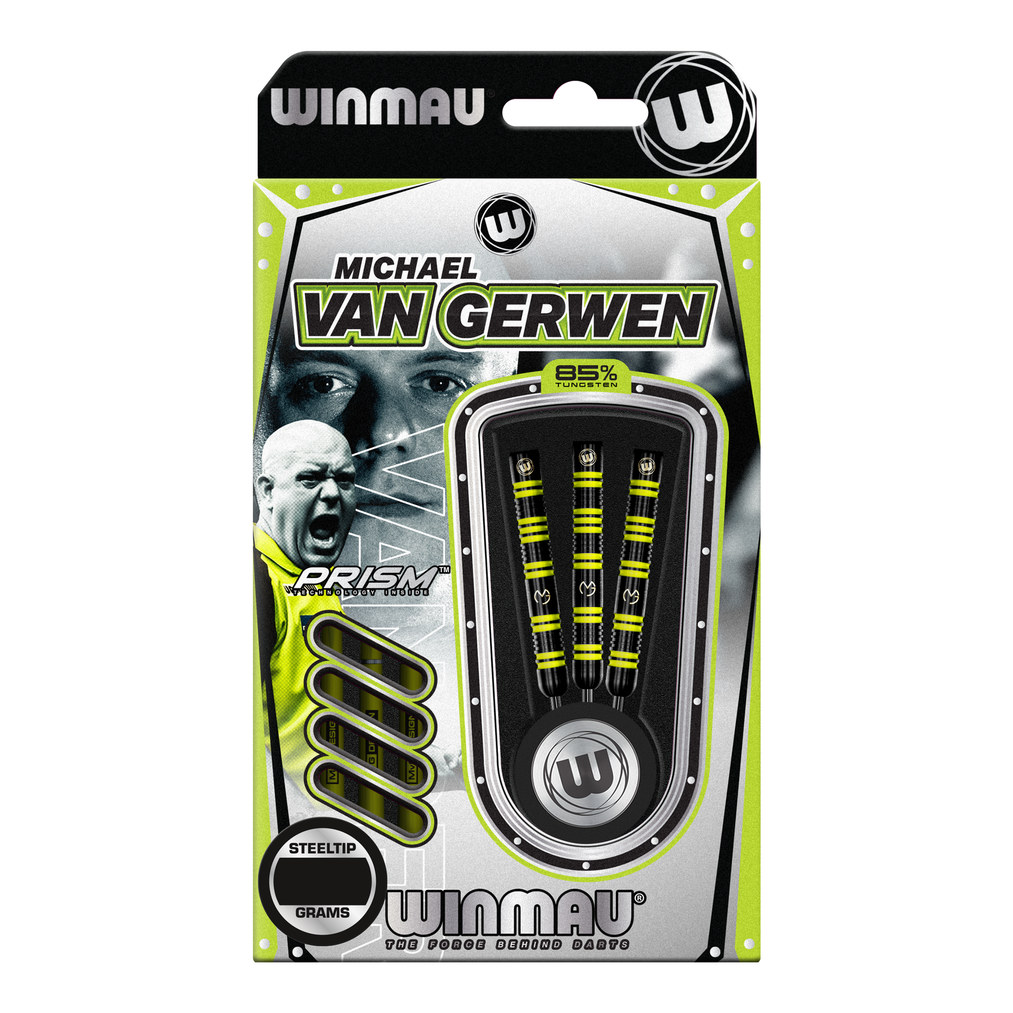 Das Bild zeigt eine Packung Winmau Michael Van Gerwen 85 Pro-Series Steeldarts. In der Verpackung sind drei Dartpfeile mit gelb-schwarzem Design sichtbar.
