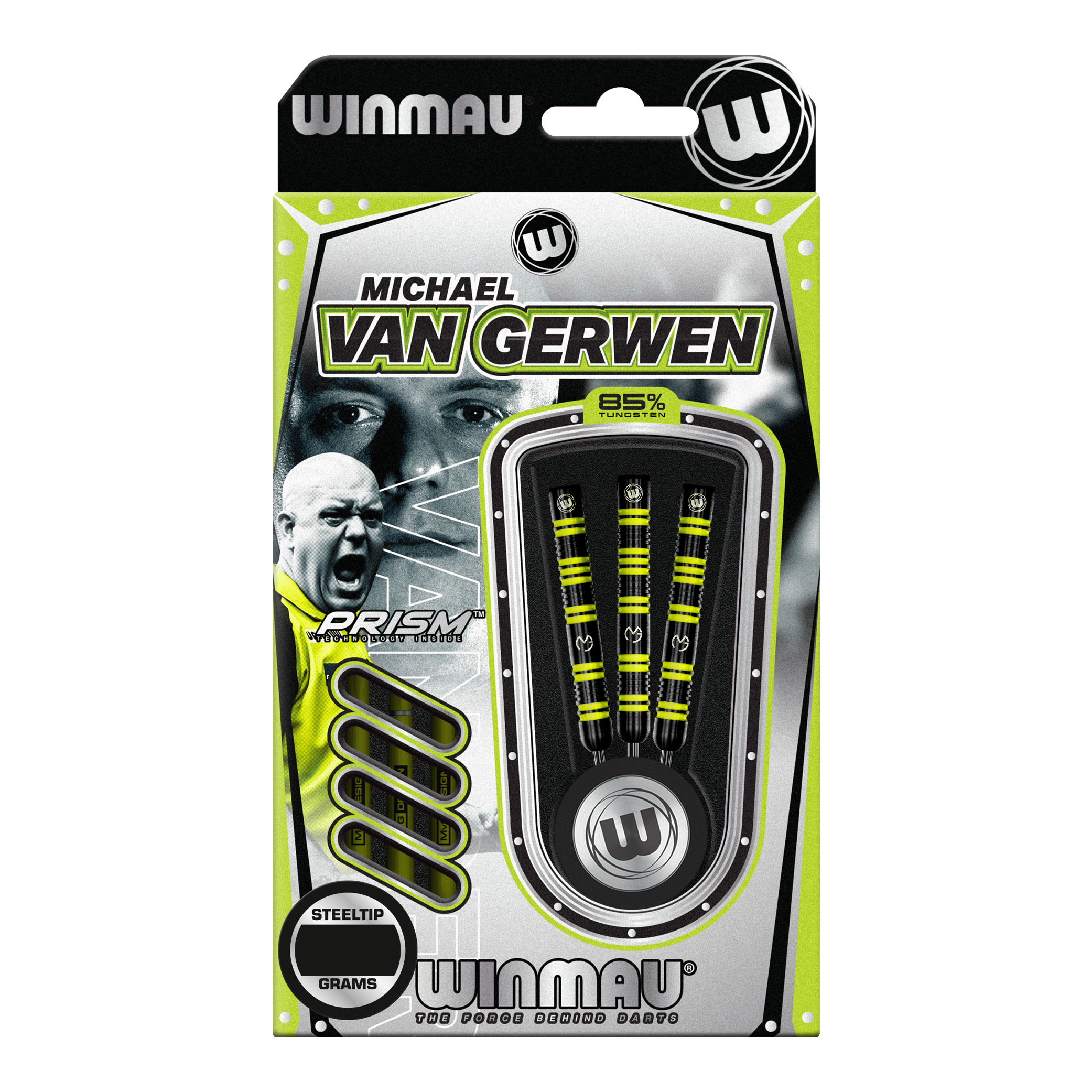 Winmau Michael Van Gerwen 85 Pro-Series Steeldarts Das Bild zeigt eine Packung Winmau Michael Van Gerwen 85 Pro-Series Steeldarts. In der Verpackung sind drei Dartpfeile mit gelb-schwarzem Design sichtbar.