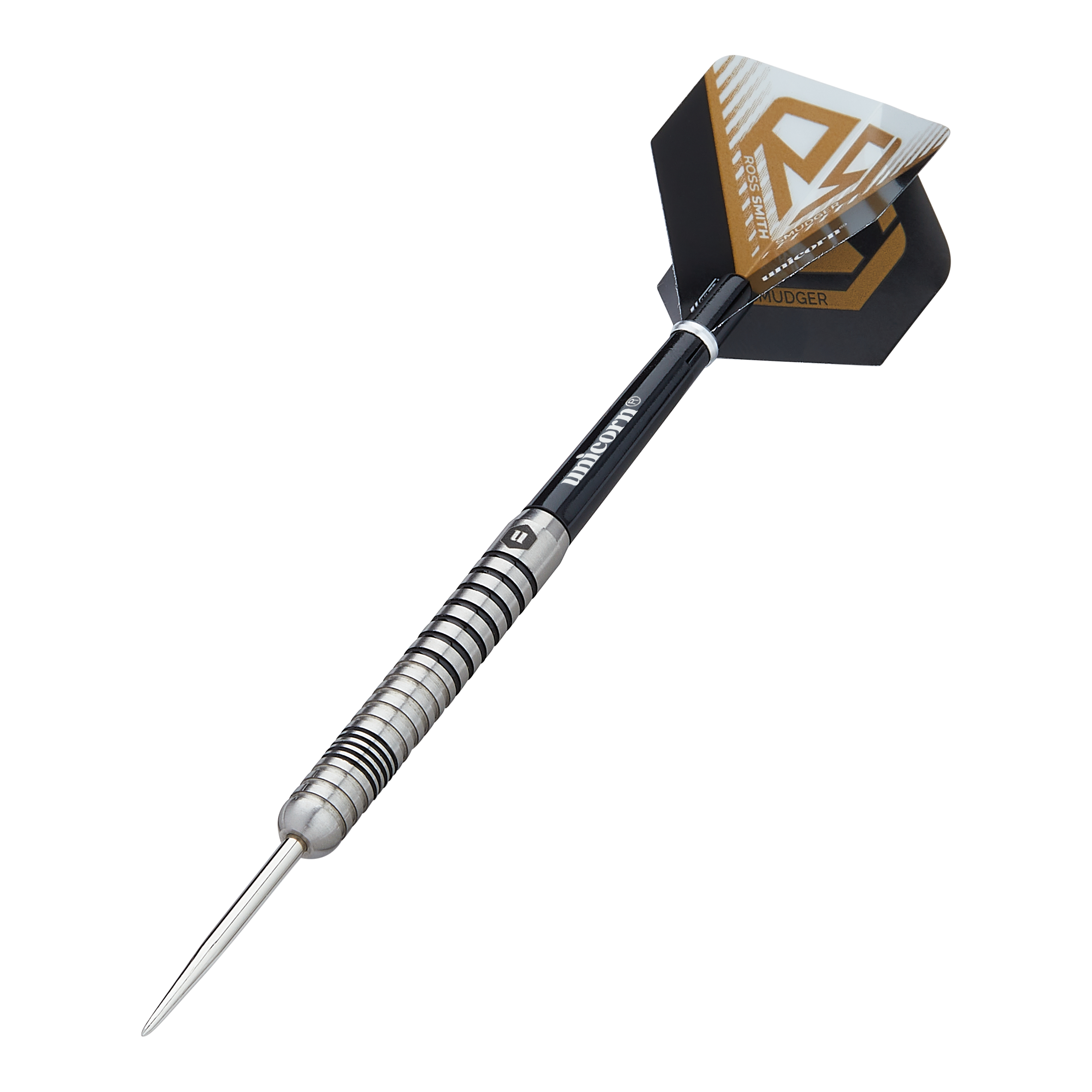 Auf dem Bild ist ein Steeldart der Marke "Unicorn Ross Smith Smudger" zu sehen. Der Dartpfeil hat ein silbernes, gerilltes Barrel und schwarze Elemente mit einem auffälligen Flight.