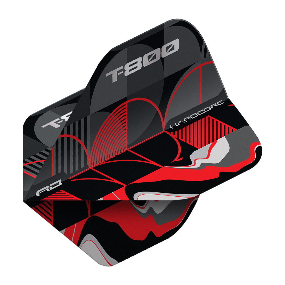 Das Bild zeigt das Produkt "Red Dragon Hardcore T-800 No2 Standard Flights". Die Flights sind schwarz, rot und grau gemustert und tragen die Aufschrift "T-800" und "Hardcore".
