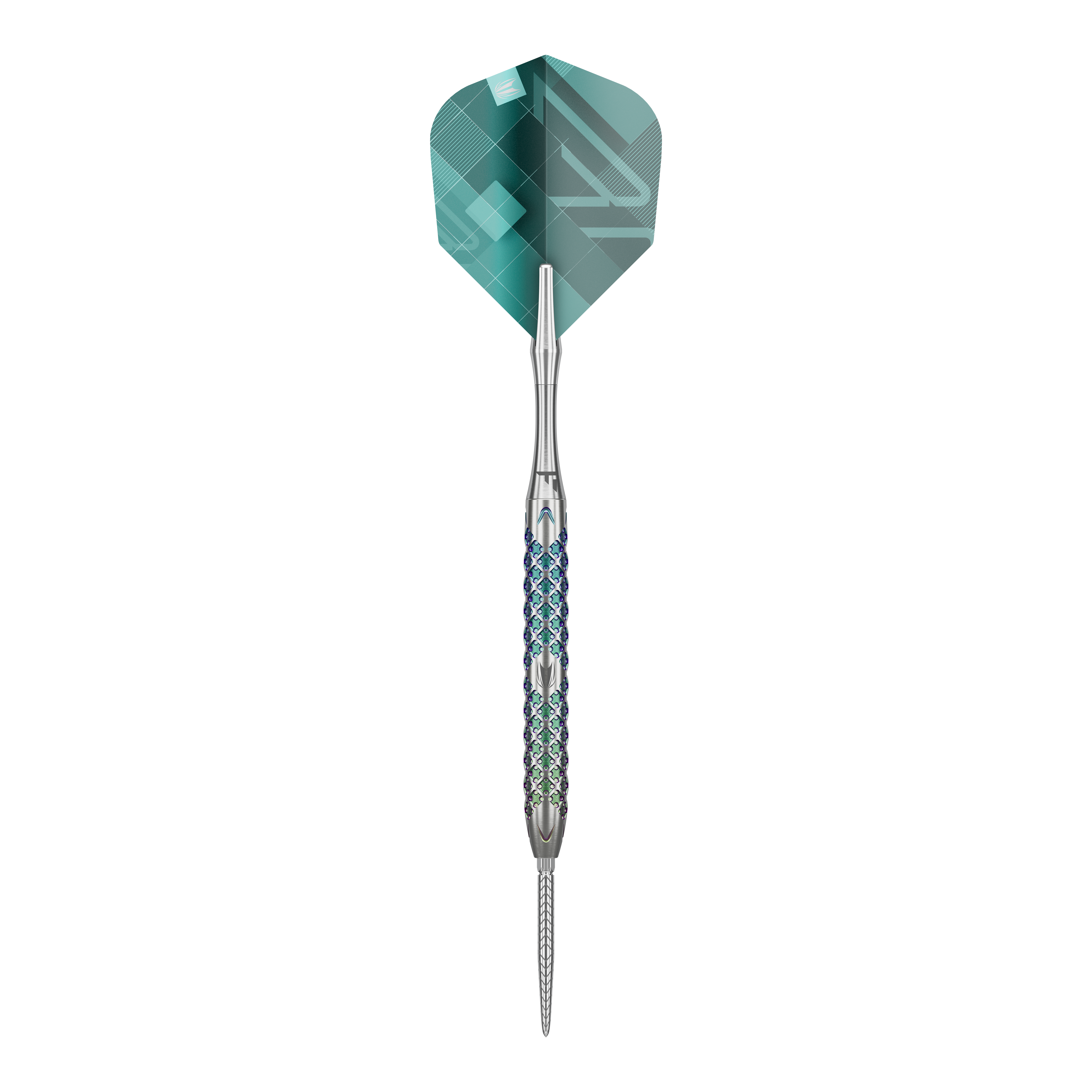 Target Rove 01 Swiss Point Steeldarts Das Bild zeigt den Target Rove 01 Swiss Point Steeldart. Der Dart hat ein silbernes Barrel mit einem blauen Muster und grüne Flights.