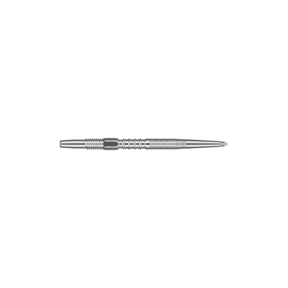 Target Swiss Firepoint Silver Dartspitzen Das Bild zeigt eine silberne Dartspitze mit Rillen und einer spitzen Spitze. Sie ist gerade und 26 mm lang.