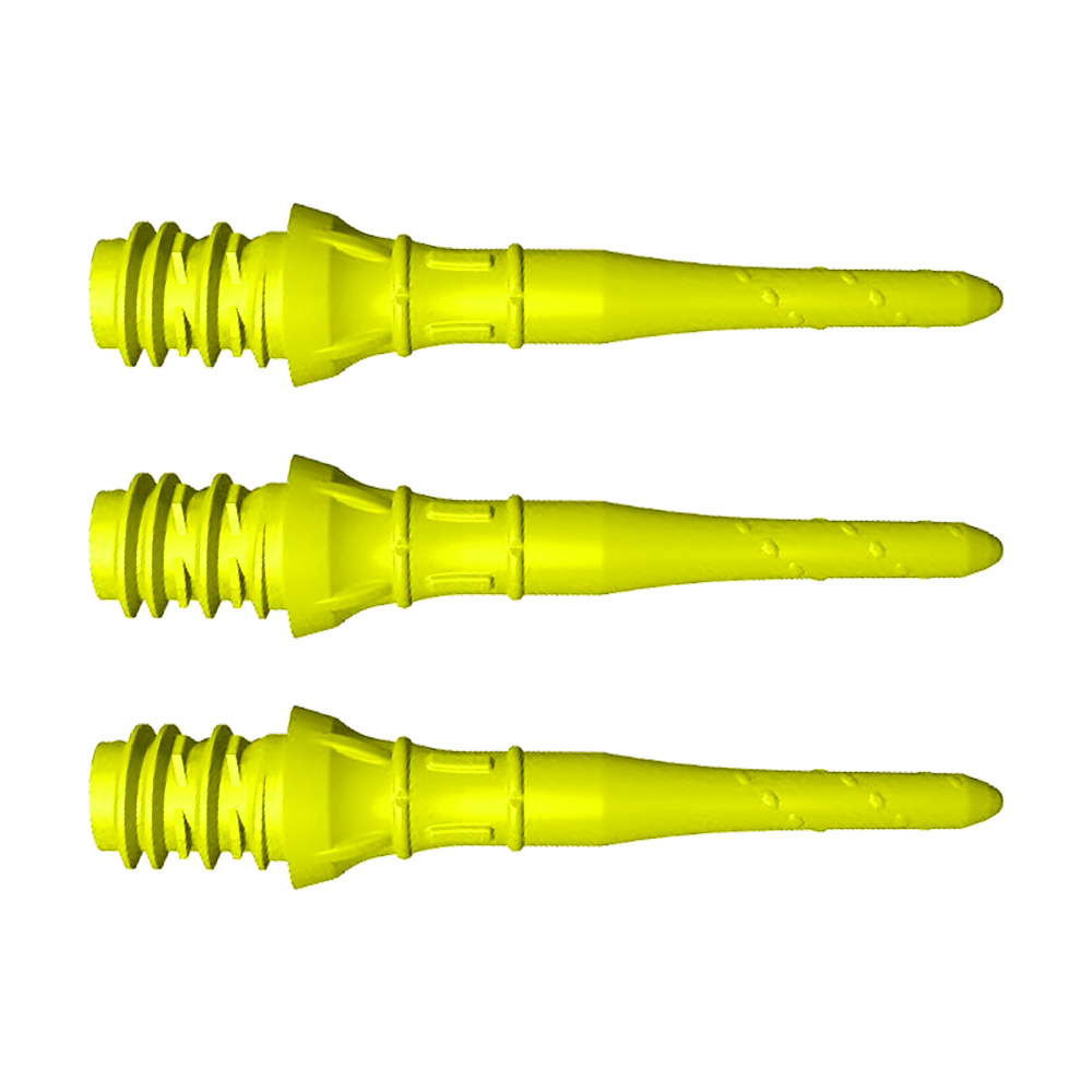 Das Bild zeigt drei kurze, neon-gelbe Dartspitzen, die nebeneinander liegen. Sie haben ein Schraubgewinde und sind für Soft-Darts geeignet.