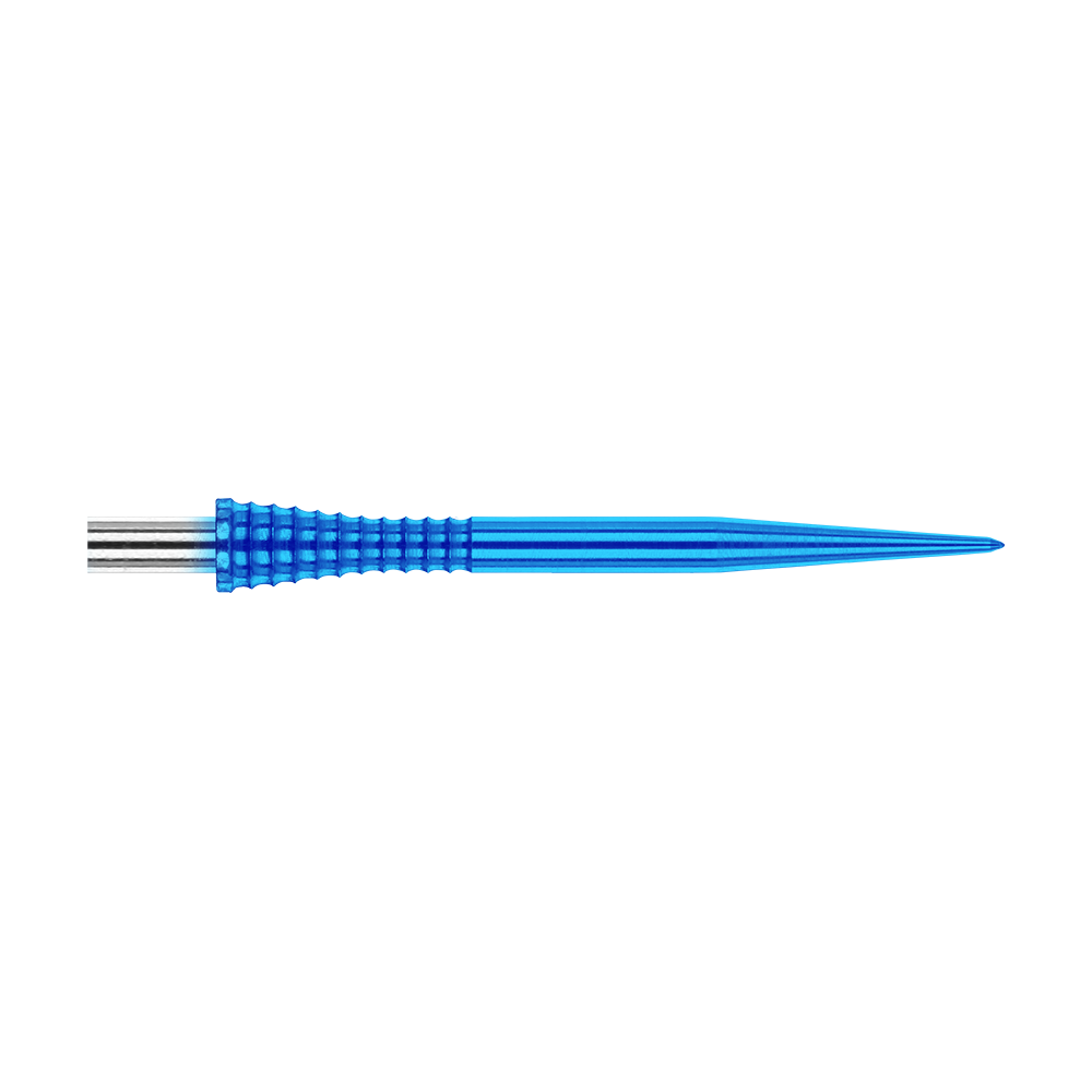 Das Bild zeigt eine blaue Dartspitze mit griffiger Struktur aus Metall. Es handelt sich um das Produkt "Red Dragon Raptor Gripped Blue Steeldartspitzen 30mm".