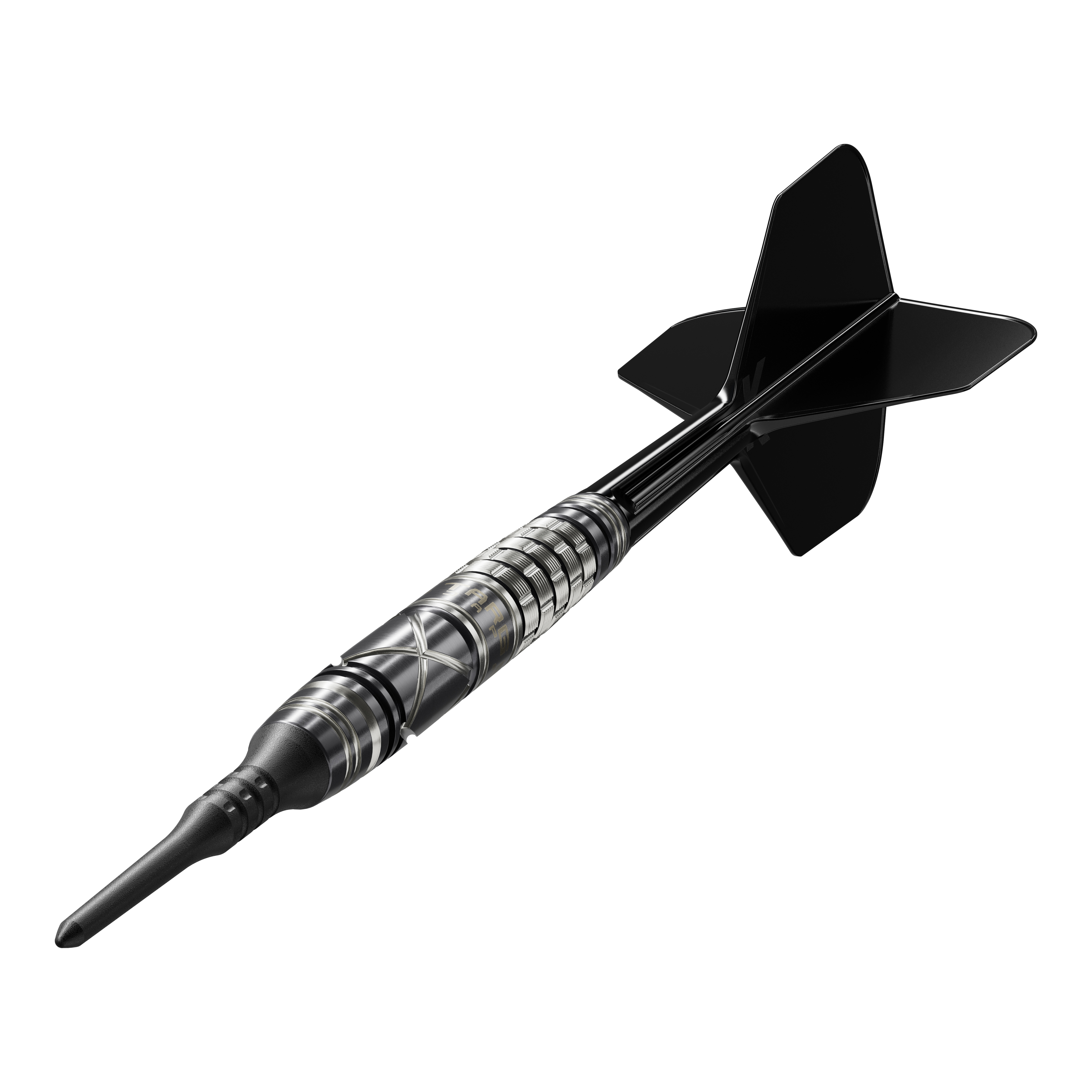 Das Bild zeigt einen Target Japan Black Marque Chaos 2 Softdart mit einem Gewicht von 19 Gramm. Der Dartpfeil ist schwarz-silbern gestaltet und hat ein modernes, stilvolles Design.