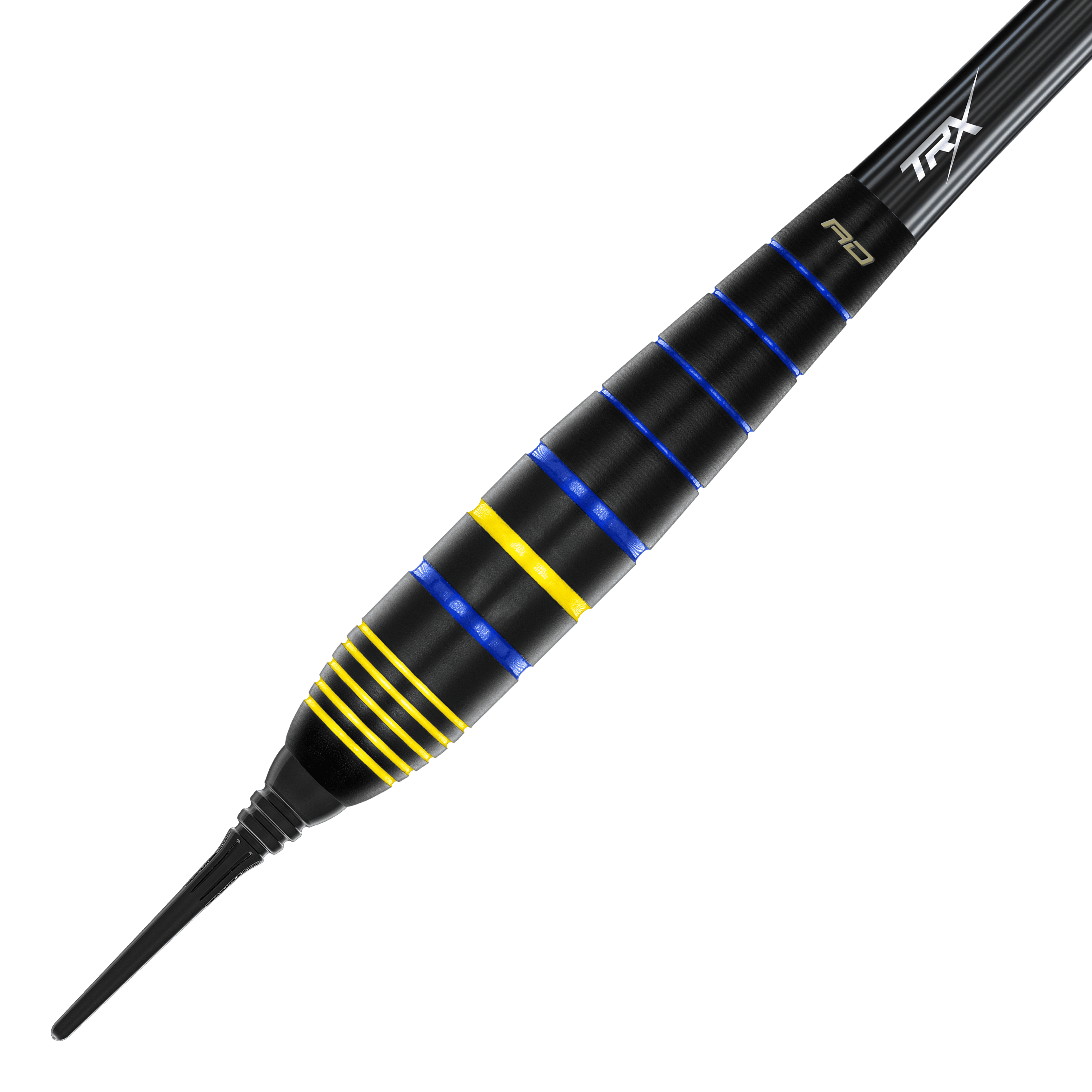 Das Bild zeigt den Red Dragon Luke Humphries World Champion Brass Softdart mit einem Gewicht von 20g. Der Dart ist schwarz mit blauen und gelben Rillen verziert.