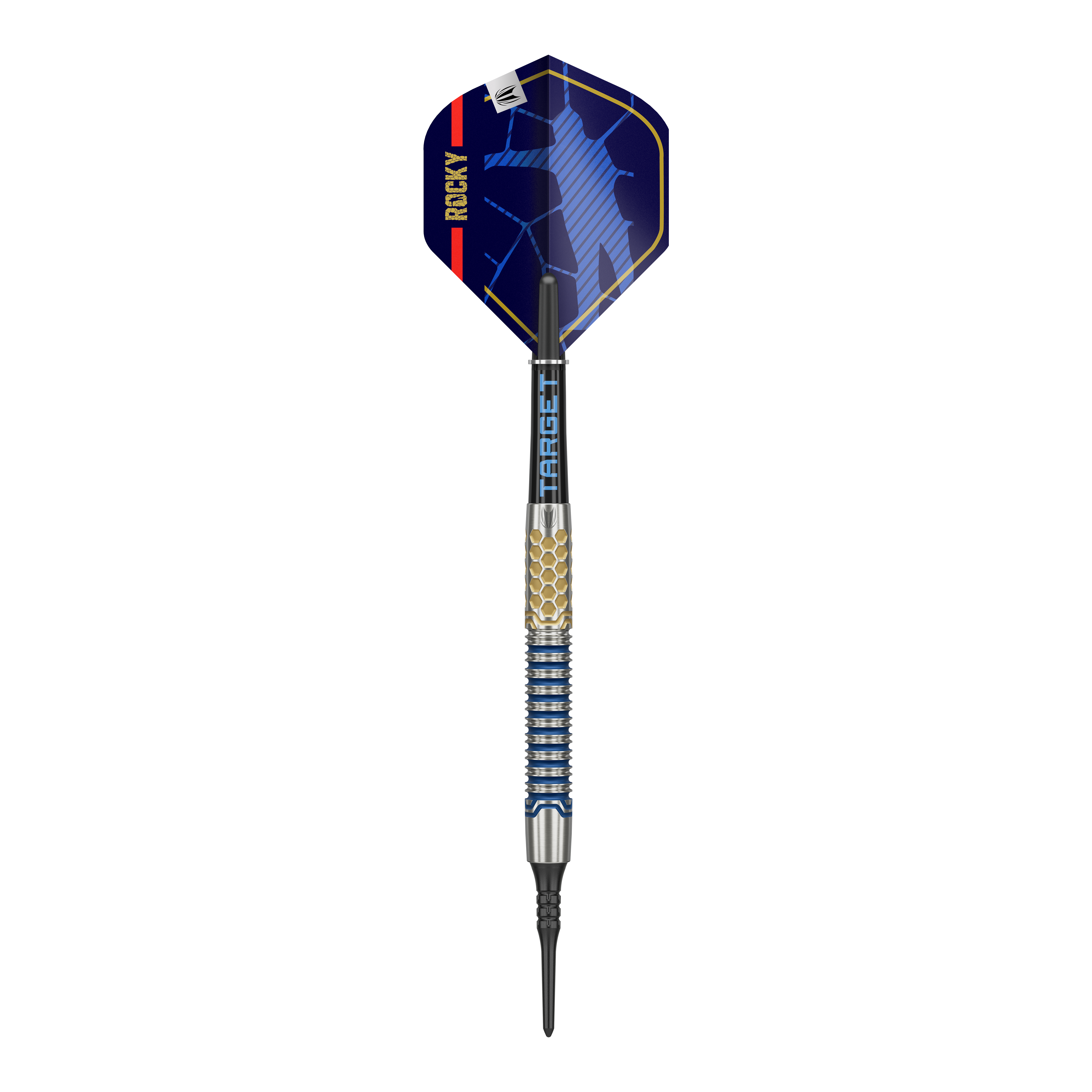 Target Josh Rock GEN1 Softdarts - 20g Das Bild zeigt einen Target Josh Rock GEN1 Softdart mit einem Gewicht von 20g. Der Dartpfeil hat ein modernes Design mit blauen und goldenen Akzenten.