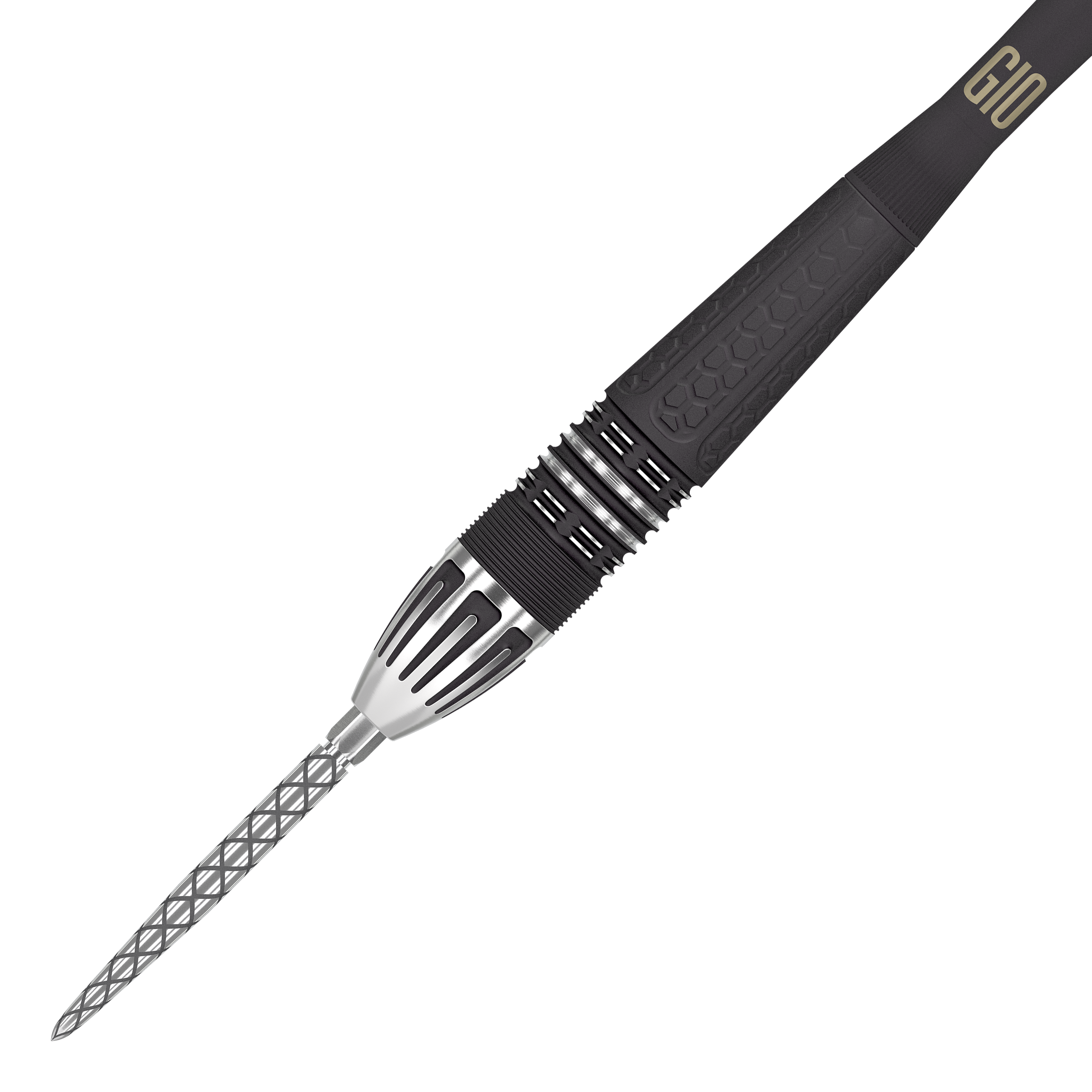 Dies ist ein moderner Steeldartpfeil mit einer auffälligen, silbernen Spitze und einem schwarzen Griff. Das Design zeigt feine Muster und die Aufschrift "G10" am oberen Ende.