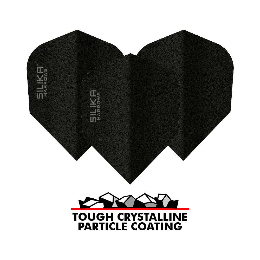 Harrows Silika Solid Tough Crystalline Coating Black No6 Flight Das Bild zeigt drei schwarze Dart-Flights der Marke Harrows Silika mit der Aufschrift "SILIKA HARROWS". Unter den Flights befindet sich ein Logo mit der Aufschrift "TOUGH CRYSTALLINE PARTICLE COATING".