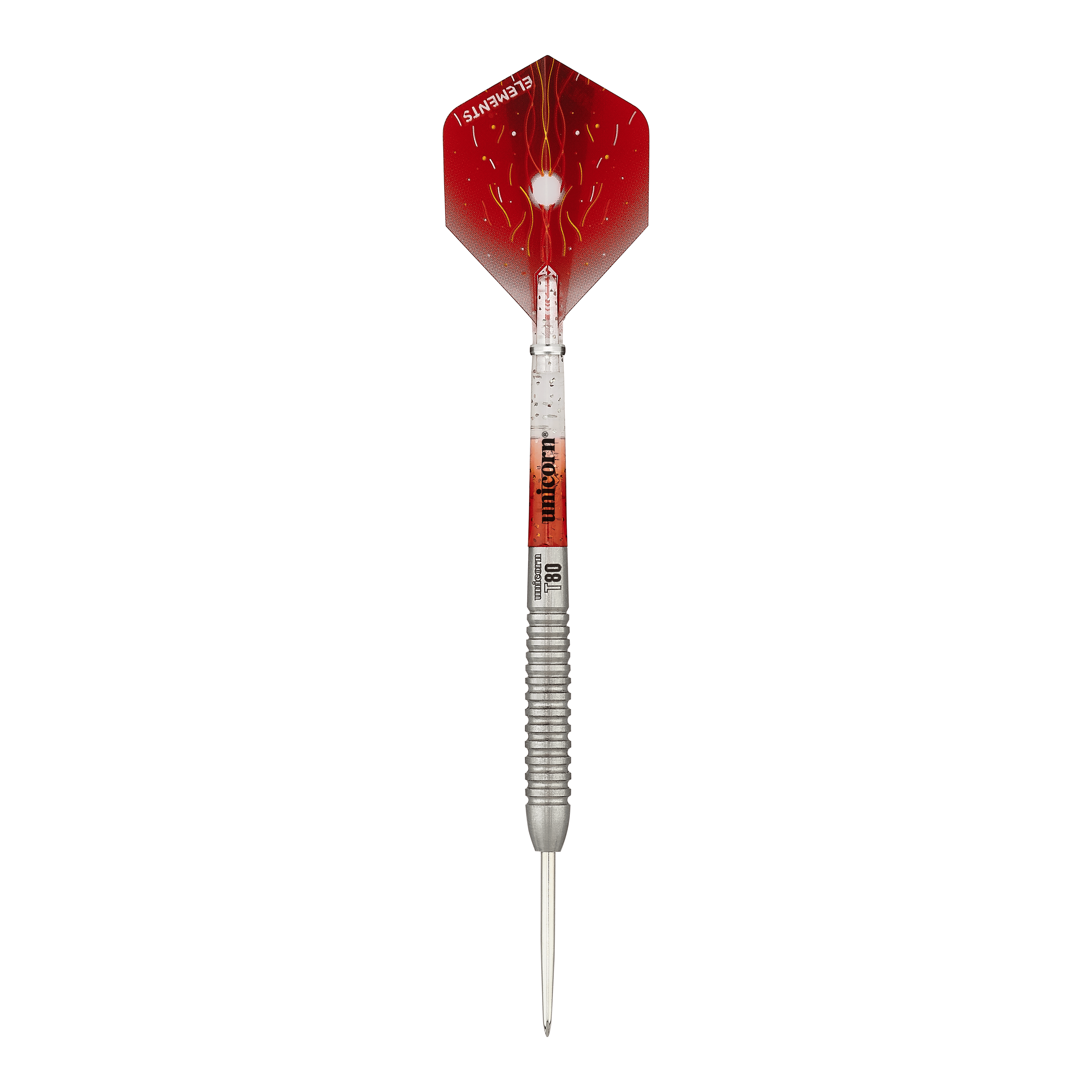 Das Bild zeigt einen Unicorn Core XL Striker Style 5 Steeldart. Der Dart hat einen silbernen Schaft und eine rot designte Flights.