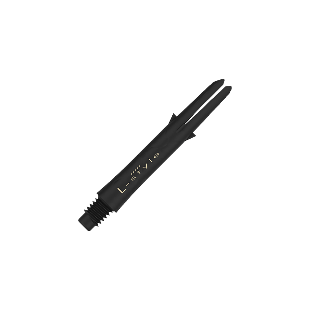 Dies ist ein schwarzer Carbon-Schaft für Darts der Marke L-Style. Der Schaft hat eine Länge von 35,5 mm und wird ohne Kappen gezeigt.