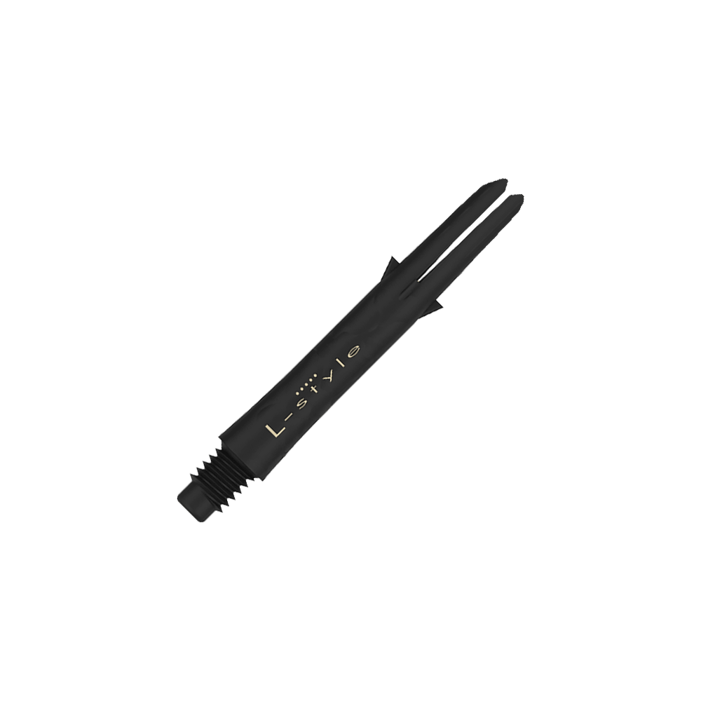 L-Style Carbon Shafts 225 Dies ist ein schwarzer Carbon-Schaft für Darts der Marke L-Style. Der Schaft hat eine Länge von 35,5 mm und wird ohne Kappen gezeigt.