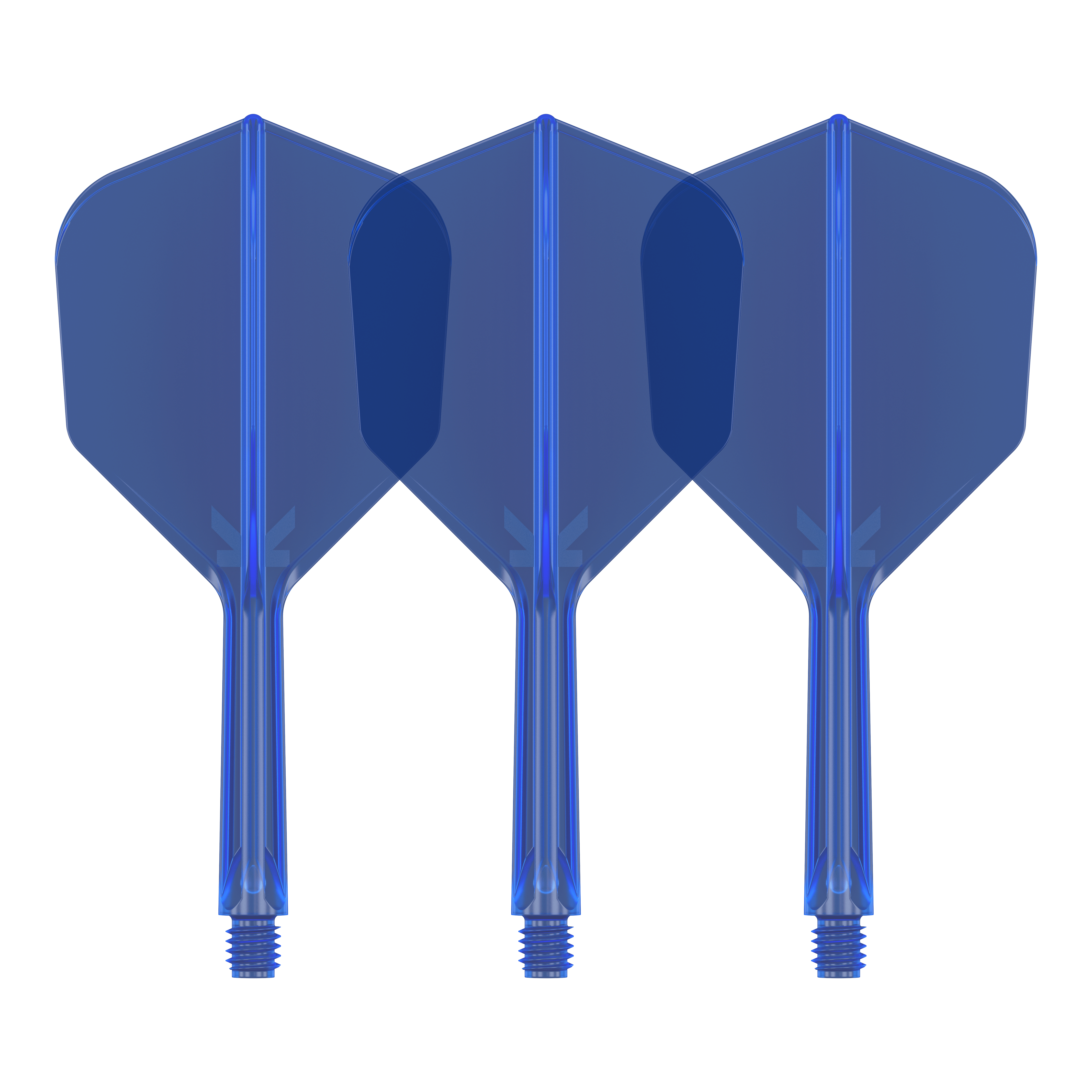 Target K-Flex No6 Flight-System - Blau Auf dem Bild sind drei blaue Dartflights mit integriertem Schaft zu sehen. Sie sind nebeneinander angeordnet und haben eine glänzende Oberfläche.