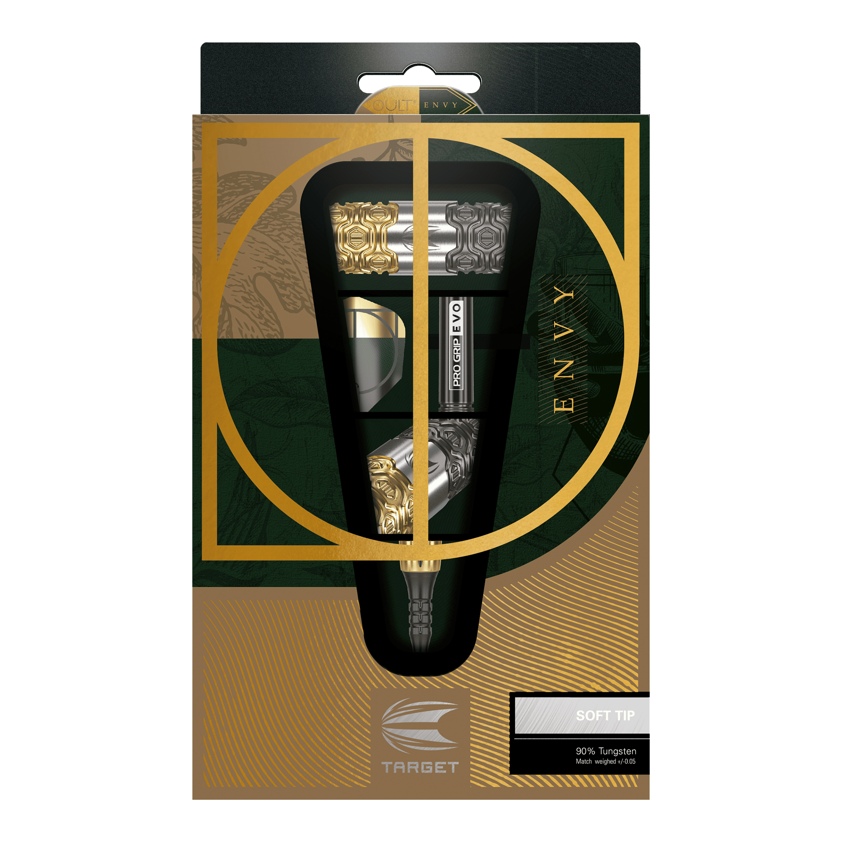 Die Abbildung zeigt die Verpackung der "Target Cult Envy 10 Softdarts". Die Darts haben einen auffälligen goldenen und silbernen Look und sind für Softdart-Spiele geeignet.