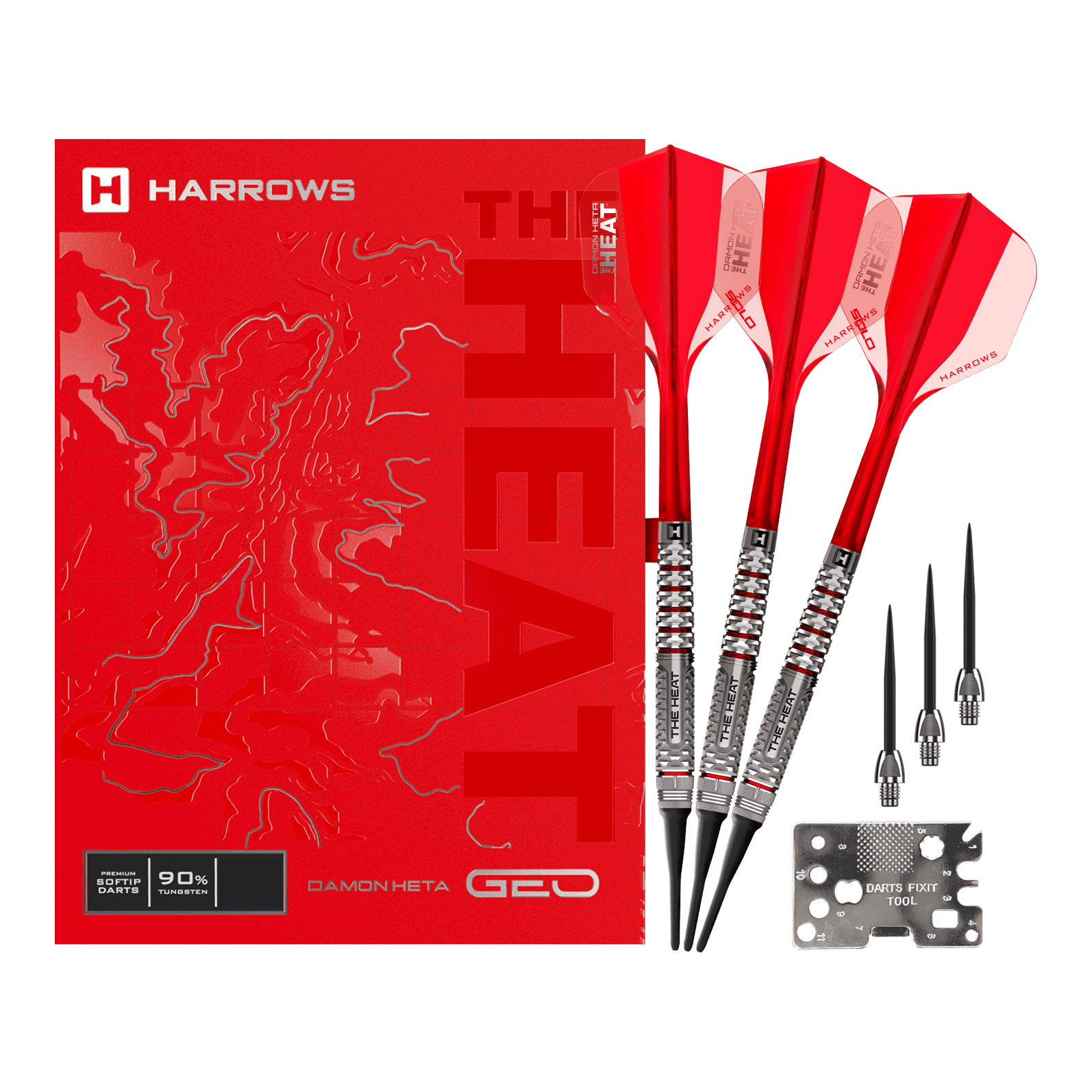 Harrows Damon Heta Geo Softdarts mit 18g werden im Komplettset präsentiert. Das Set ist vollständig arrangiert.