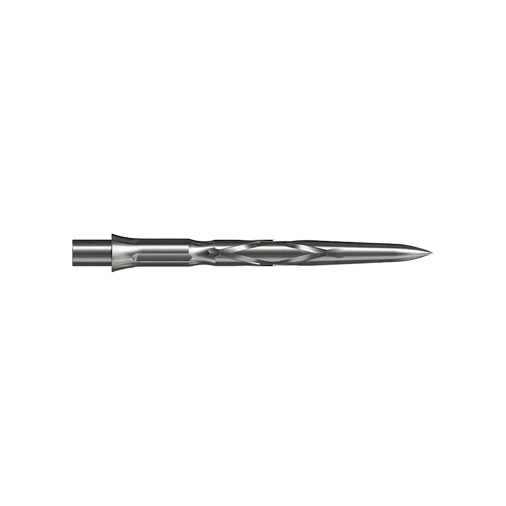 Caliburn System Steeldartspitzen - HAN G2 - Silber Auf dem Bild ist eine silberne Steeldartspitze mit einem spiralförmigen Muster zu sehen. Sie ist schmal und hat eine spitz zulaufende Form.