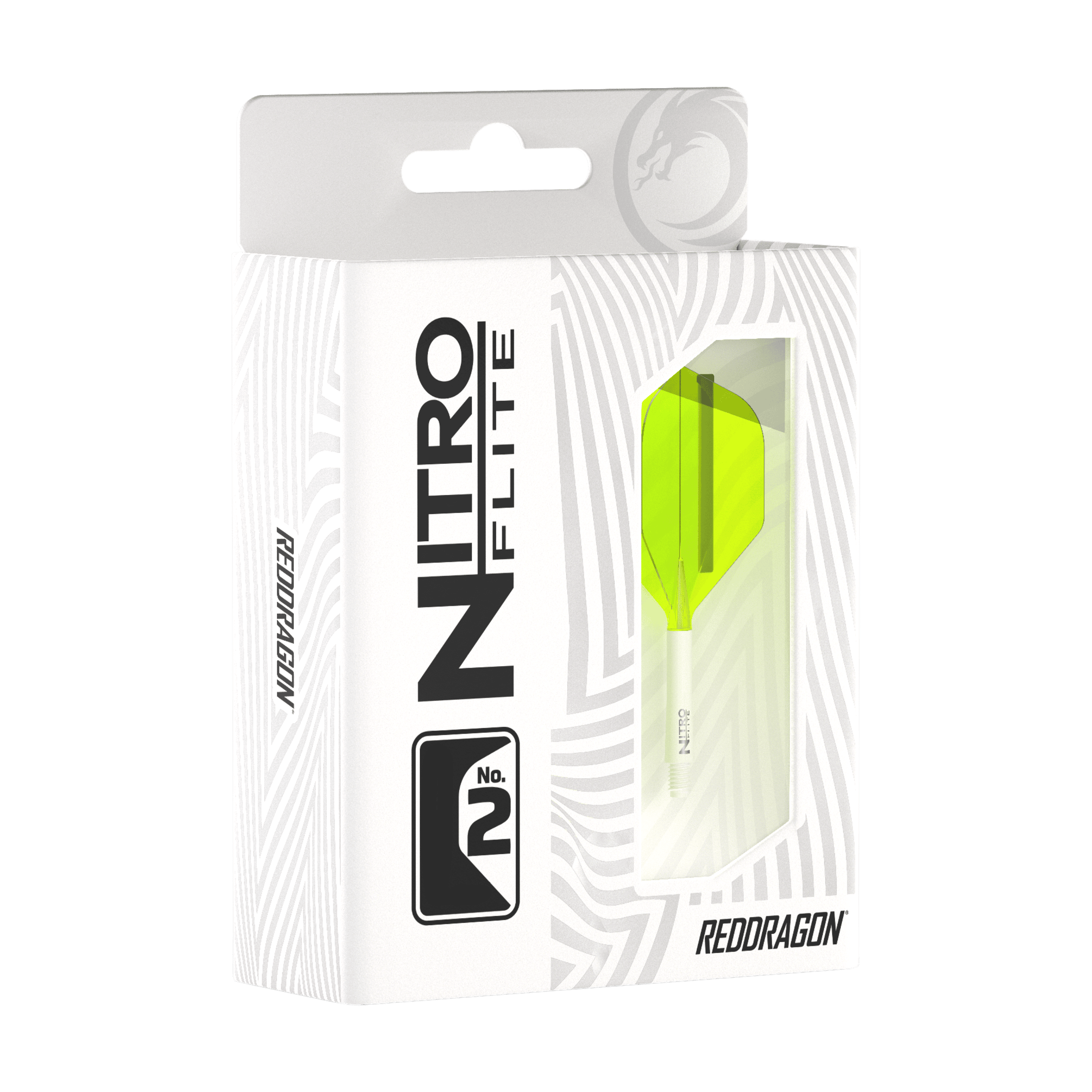 Die Abbildung zeigt eine Verpackung des Produkts "Red Dragon Nitroflite - White Shaft Yellow No2 Flights". In der Schachtel ist ein gelber Dart-Flügel mit weißem Schaft sichtbar.
