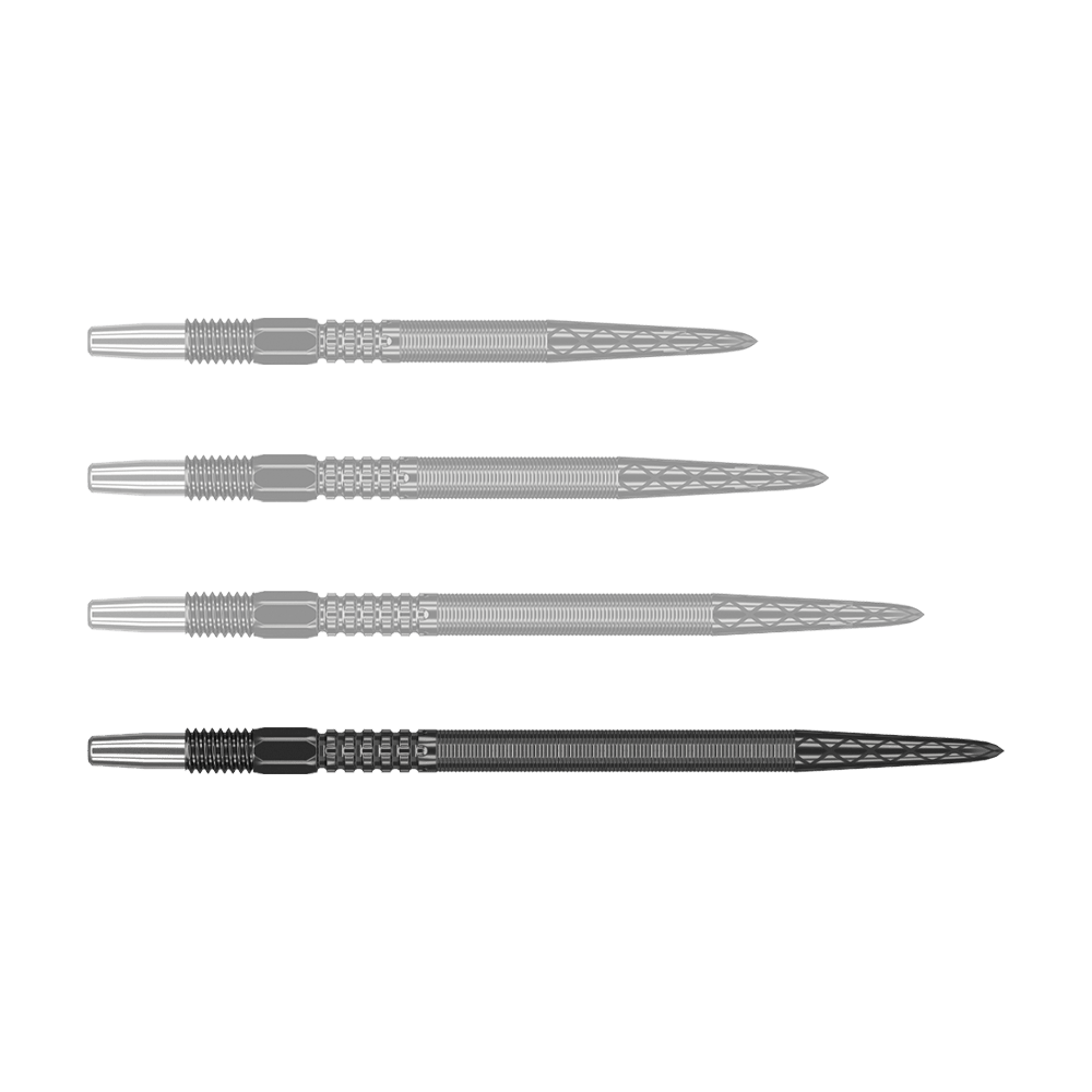 Target Swiss Point DX Dartspitzen - Black Auf dem Bild sind vier schwarze Dartspitzen in einer Reihe zu sehen. Die Spitzen haben ein silbernes Ende und ein fein strukturiertes, geriffeltes Design.