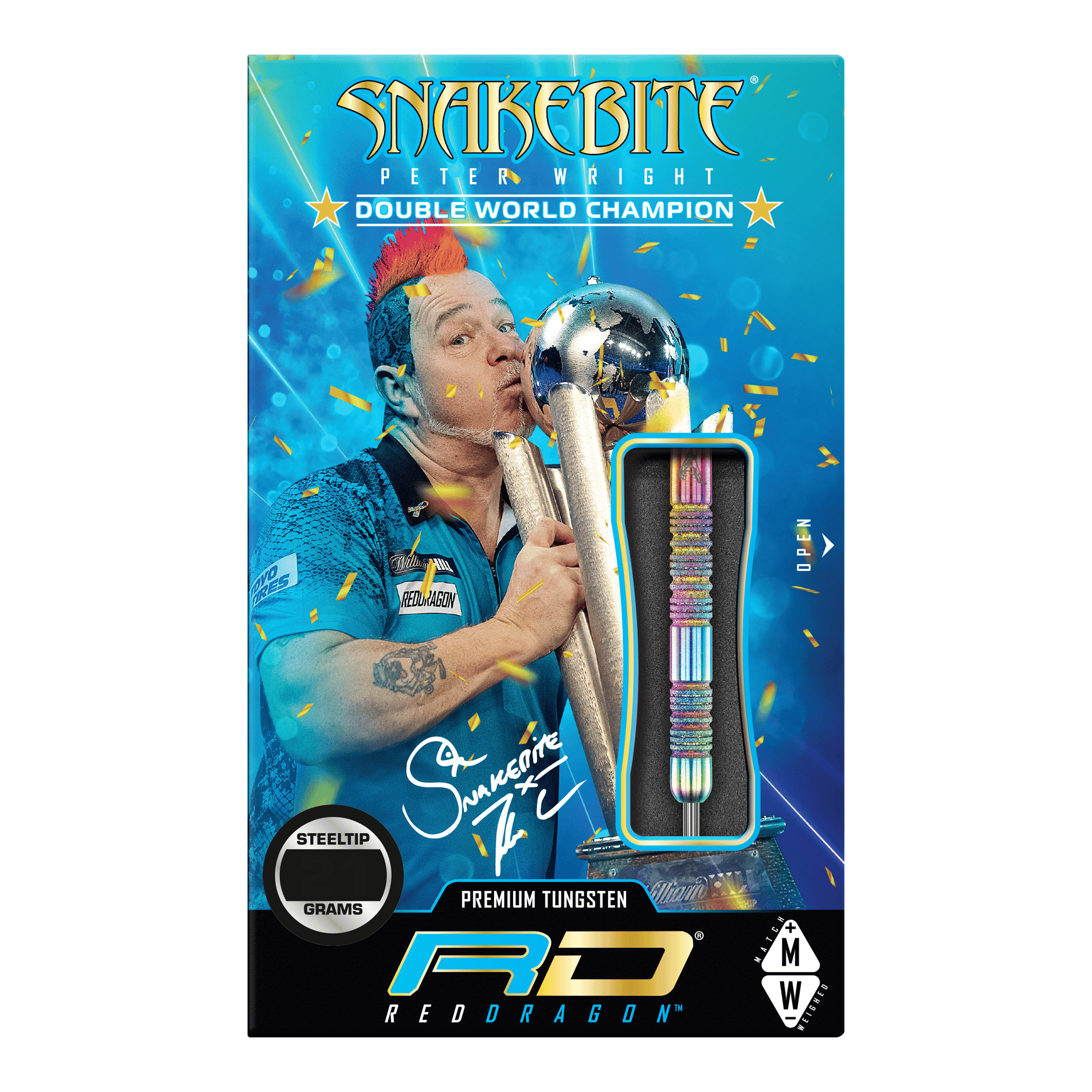 Auf dem Bild ist die Verpackung der "Red Dragon Peter Wright Diamond Fusion Spectron SE Steeldarts" zu sehen. Auf der Verpackung ist ein Bild von Peter Wright und ein sichtbarer Dartpfeil abgebildet.