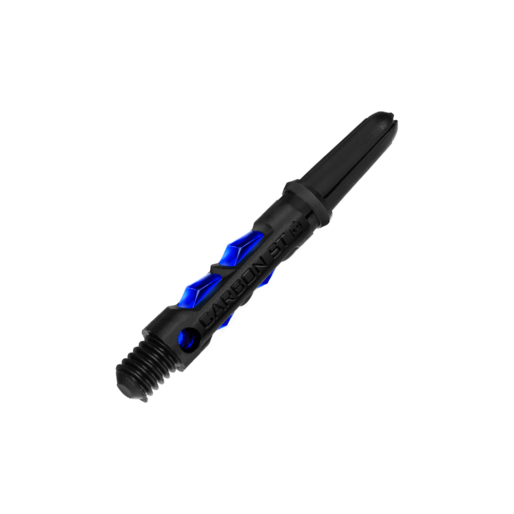 Das Bild zeigt einen Harrows Carbon ST Shaft in Blau. Der Schaft ist schwarz mit blauen Akzenten und der Aufschrift "CARBON ST".
