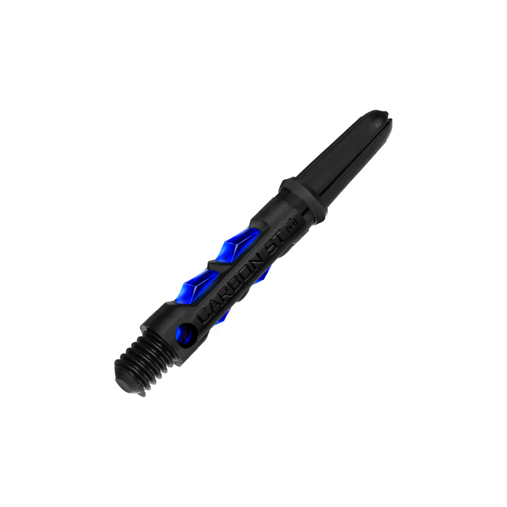HR413_Harrows_Carbon_ST_Shafts_Blau_33mm_2 Das Bild zeigt einen Harrows Carbon ST Shaft in Blau. Der Schaft ist schwarz mit blauen Akzenten und der Aufschrift "CARBON ST".