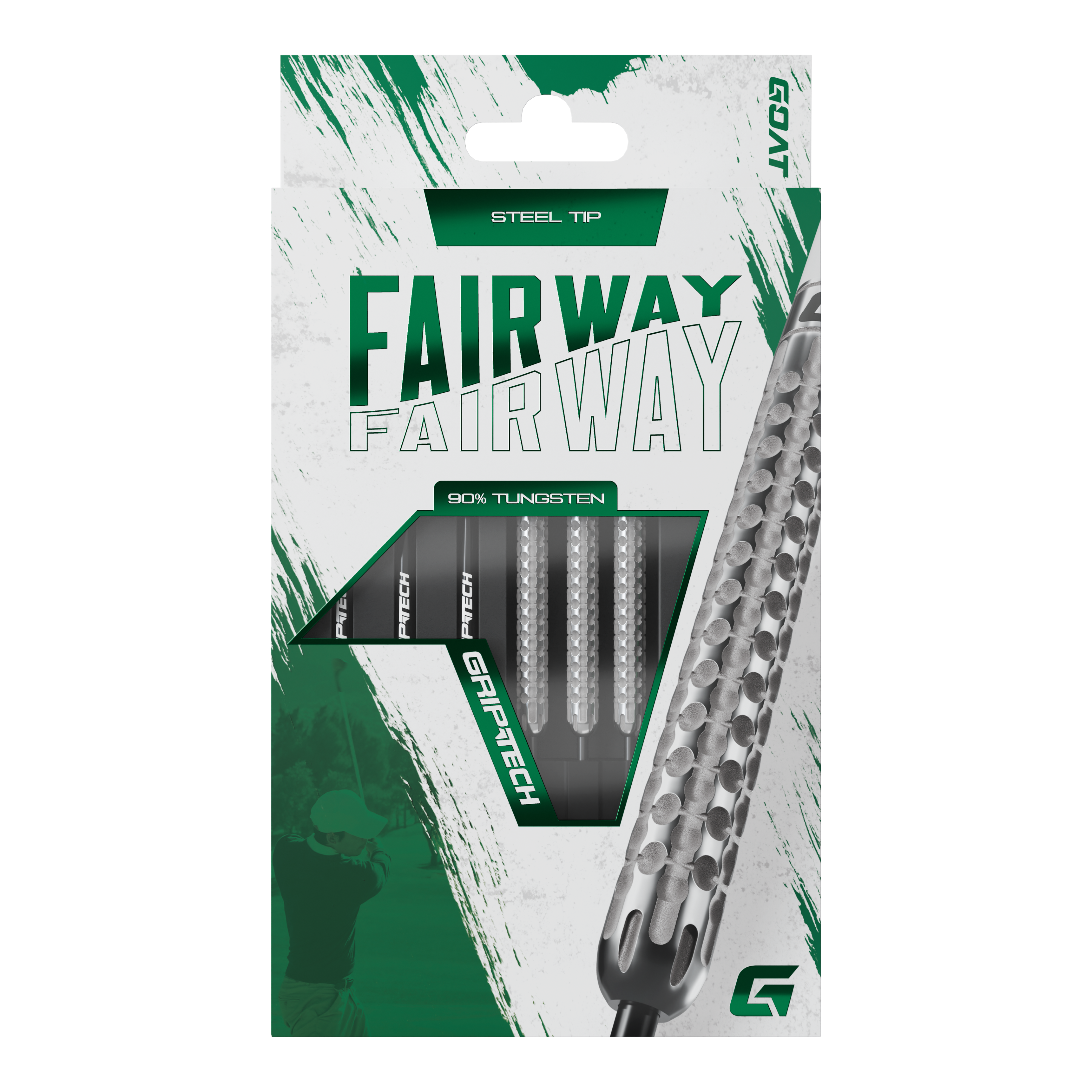 GOAT Fairway V1 Tungsten Steeldarts Die Abbildung zeigt eine Verpackung der GOAT Fairway V1 Tungsten Steeldarts. Die Darts haben eine Stahlspitze und bestehen zu 90% aus Tungsten.