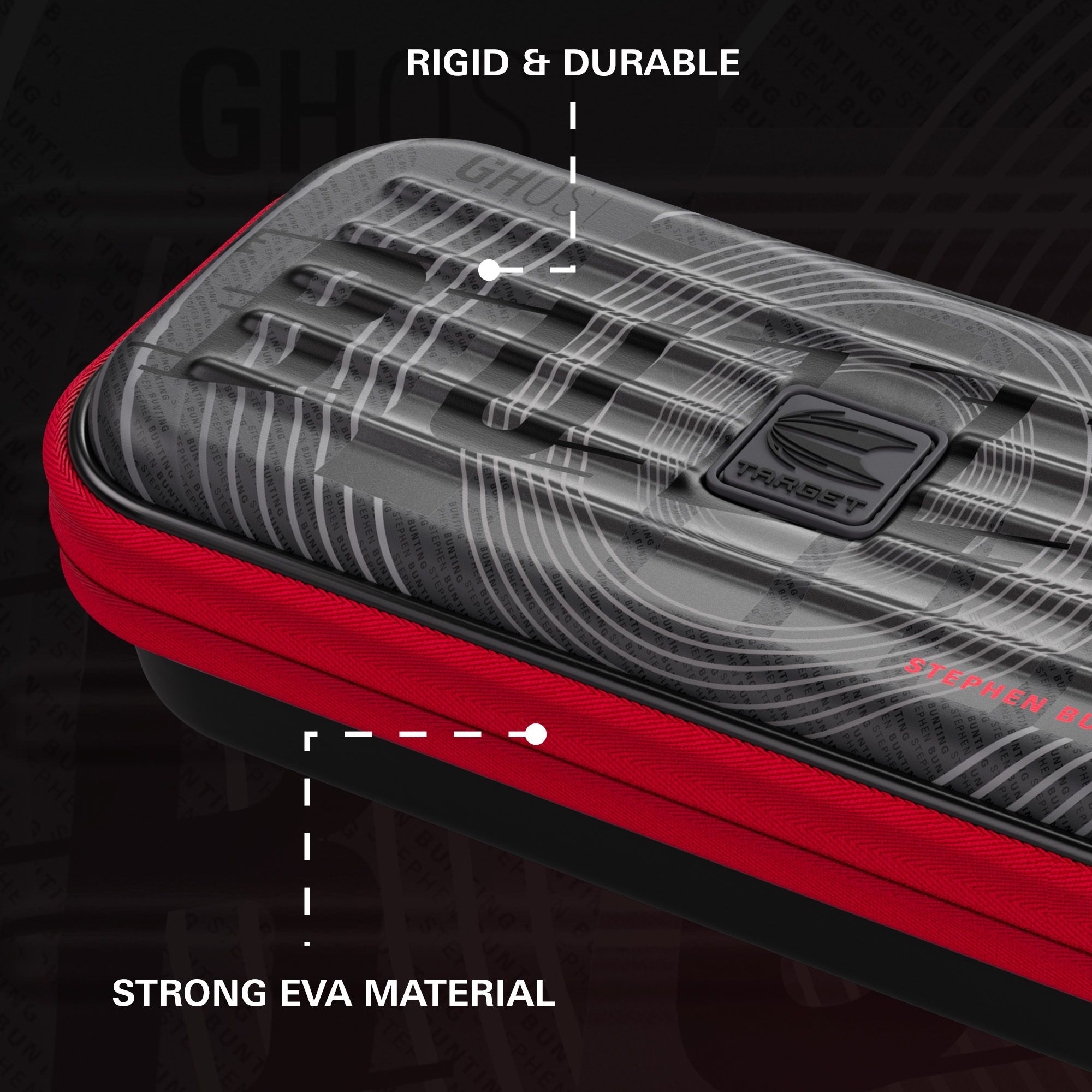 Auf dem Bild ist das Takoma Ghost Series Stephen Bunting Dartcase zu sehen. Es ist eine Schutztasche für Darts mit dem Design von Stephen Bunting.
