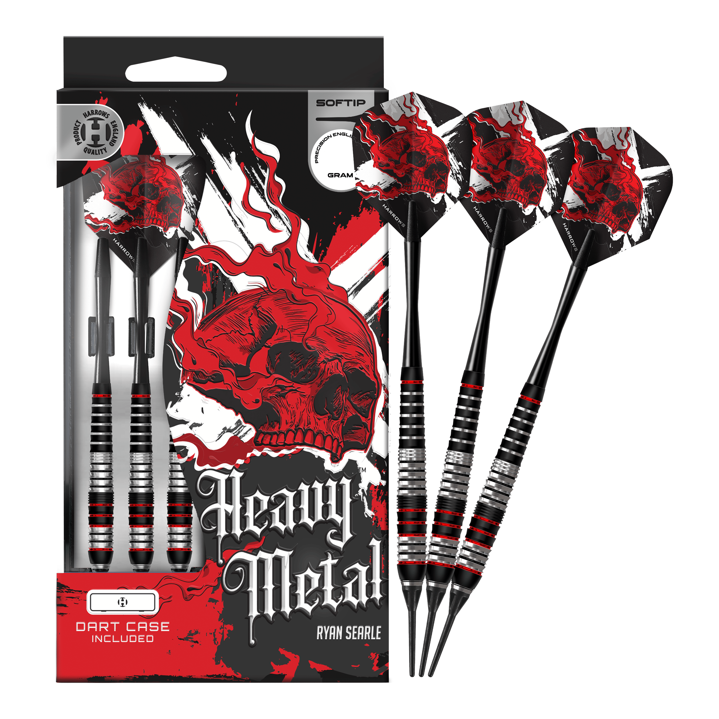 Harrows Heavy Metal Ryan Searle Brass Softdarts Das Foto zeigt die Harrows Heavy Metal Ryan Searle Brass Softdarts in voller Länge. Die Darts sind komplett abgebildet und liegen nebeneinander.