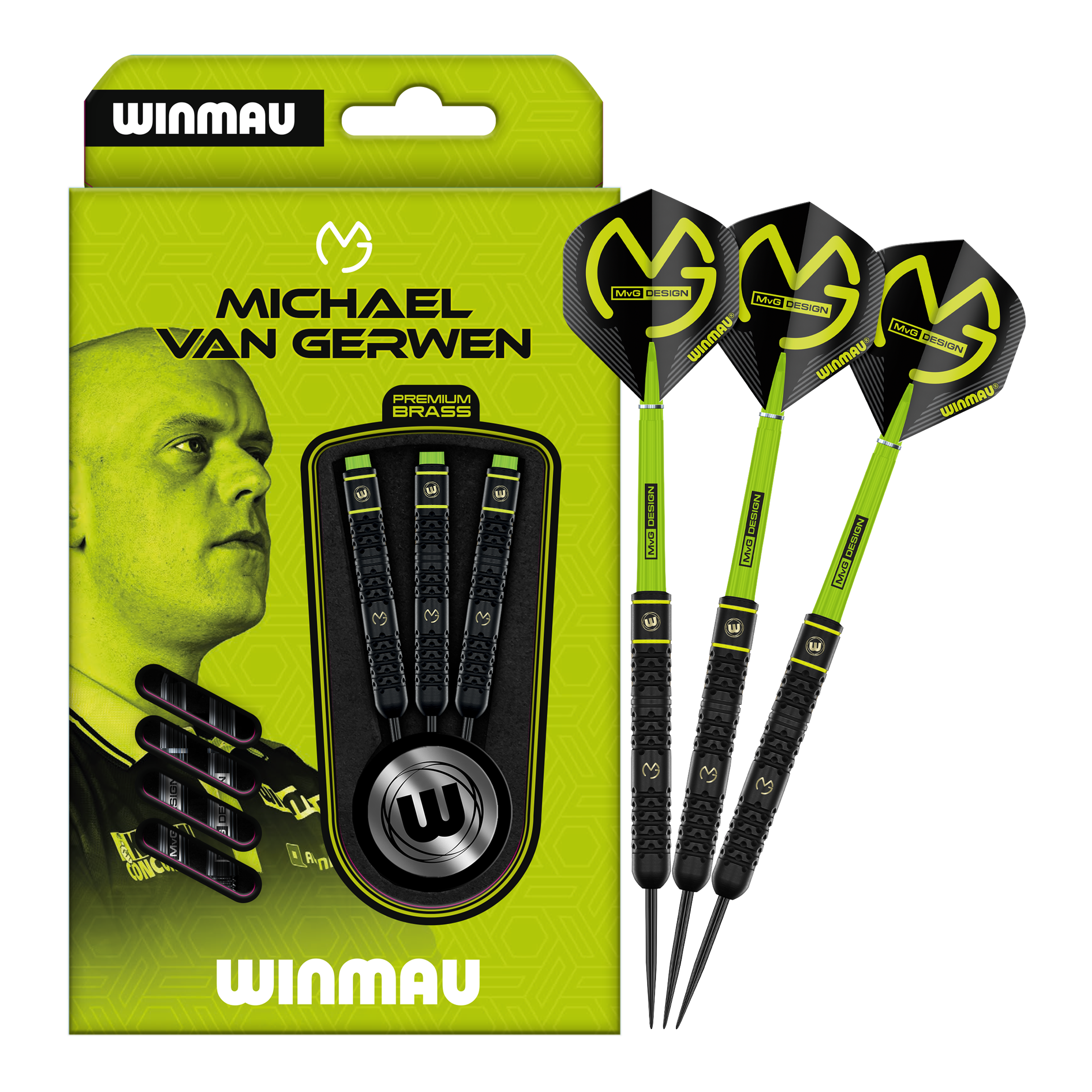 Zu sehen ist das Set Winmau Michael Van Gerwen Steeldarts mit 21 g. Diese Darts sind optimal zum Steeldart-Spielen geeignet.