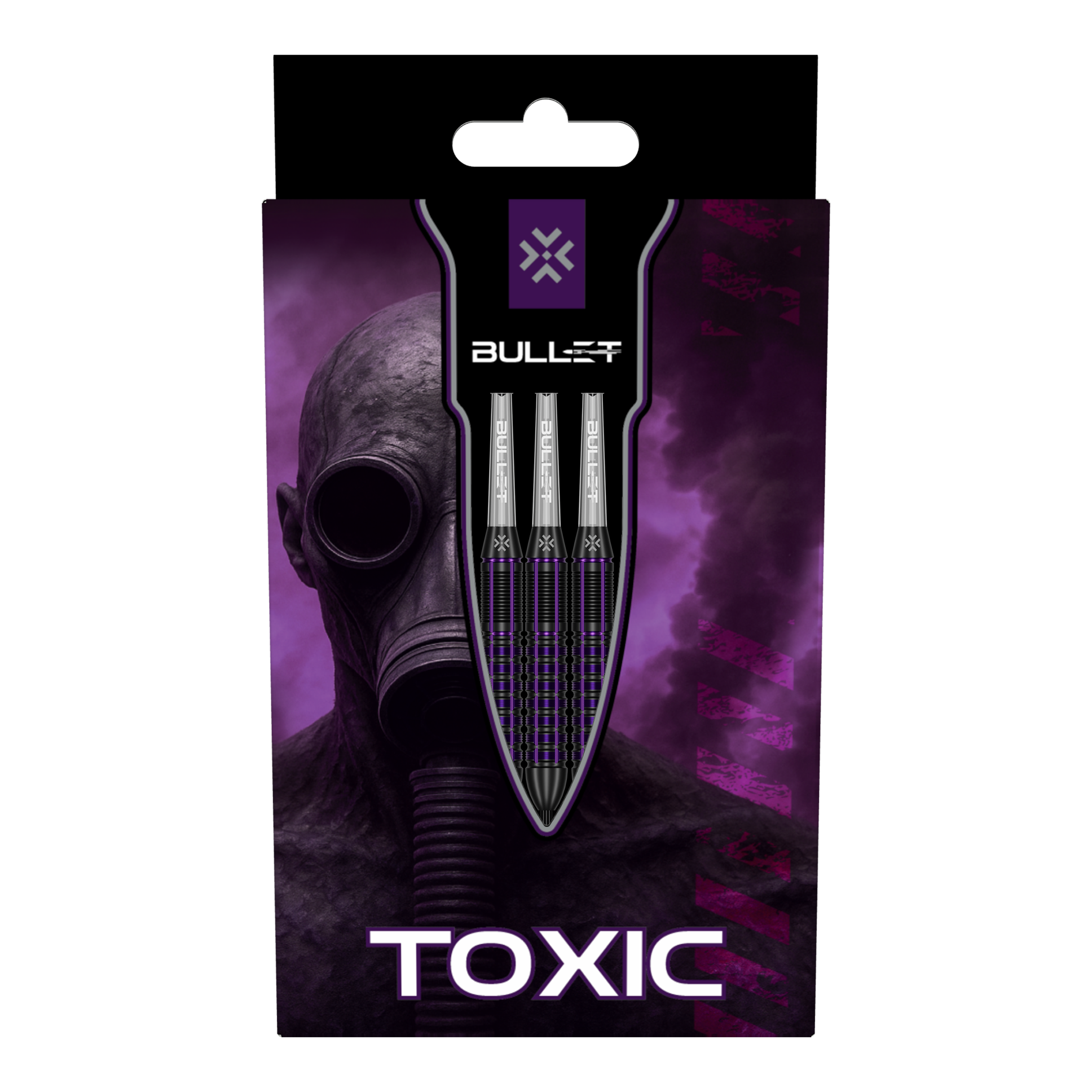 Das Bild zeigt drei Bullet Toxic Brass Steeldarts - 23g. Sie sind aus Messing gefertigt und wiegen jeweils 23 Gramm.