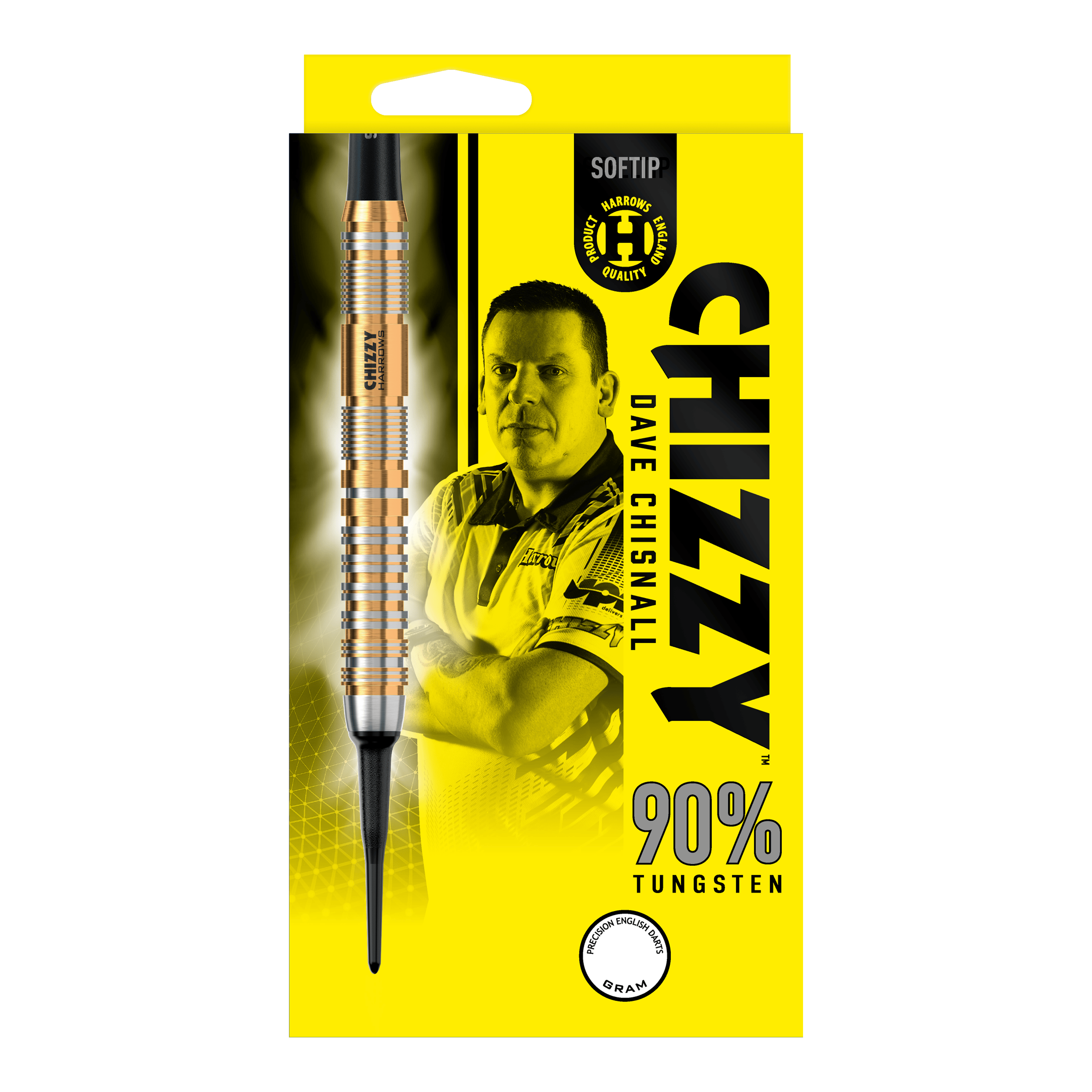 Harrows Dave Chisnall Chizzy Series 2 Softdarts Die Verpackung zeigt die "Harrows Dave Chisnall Chizzy Series 2 Softdarts" mit einem Bild von Dave Chisnall. Auf der gelben Schachtel steht, dass die Darts aus 90% Tungsten bestehen.