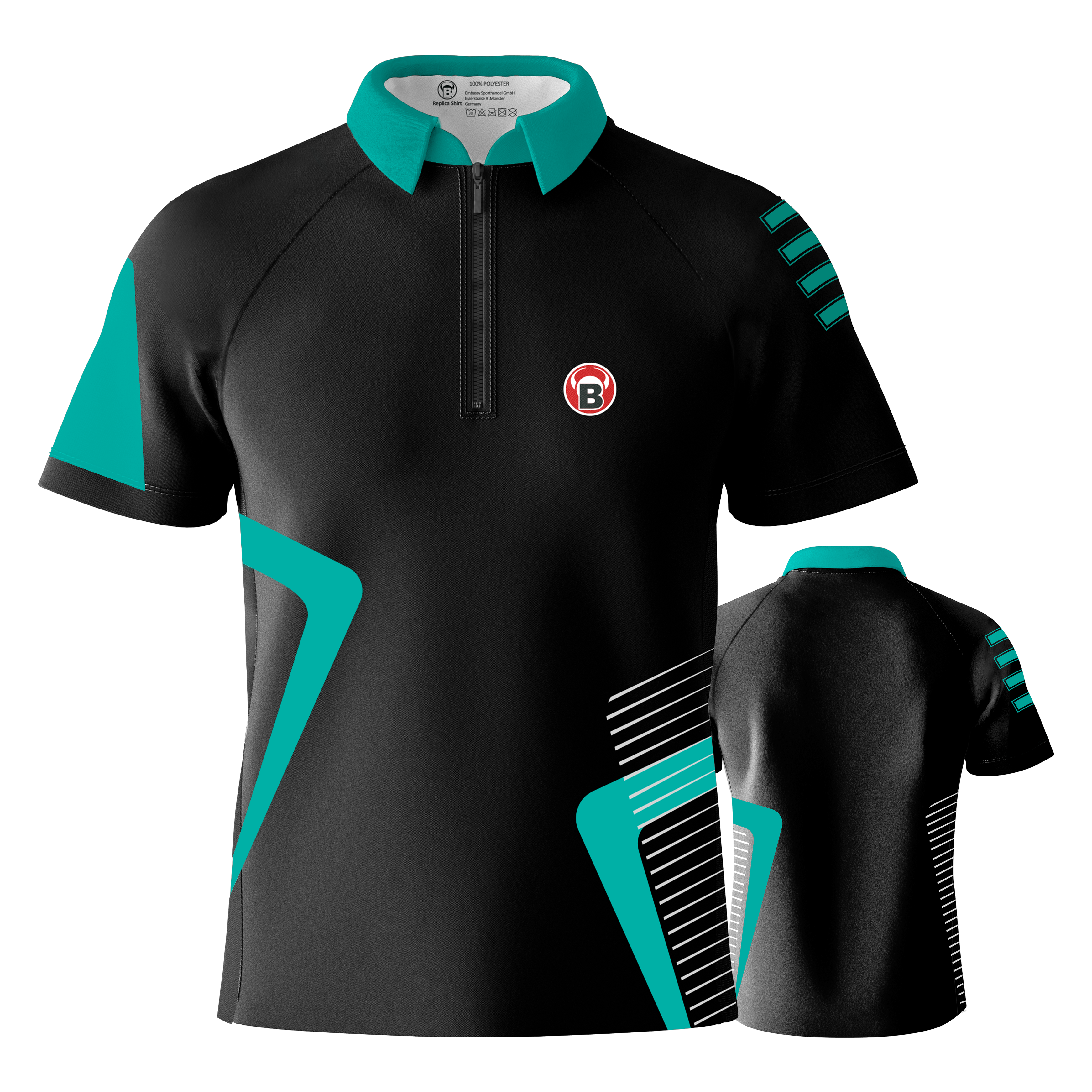 Bulls Team Dartshirt - Mint Das Bild zeigt das Bulls Team Dartshirt in der Farbe Mint. Das Shirt ist überwiegend schwarz mit mintfarbenen Akzenten und einem kleinen Logo auf der Brust.