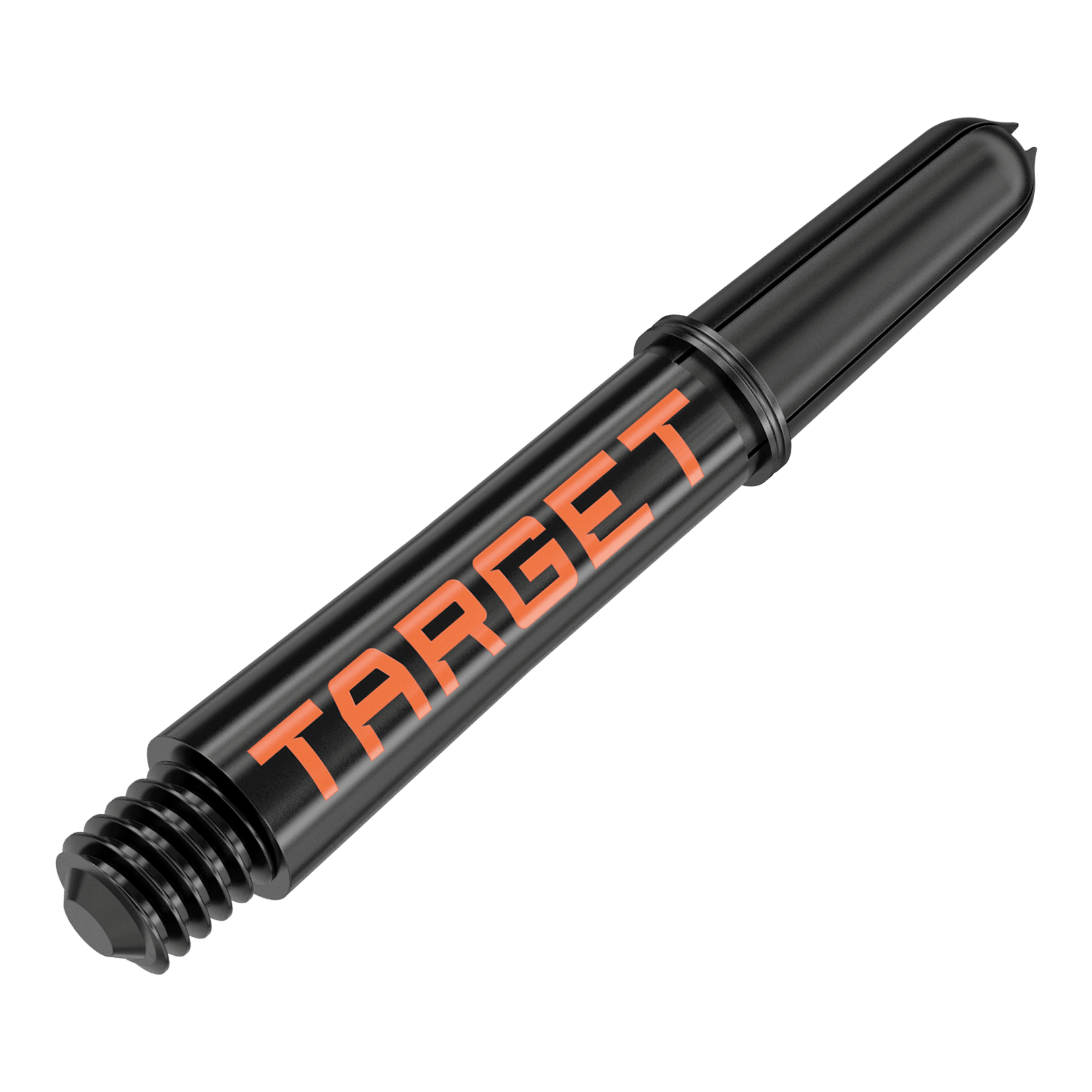 Das Bild zeigt einen schwarzen Dart-Schaft mit orangener Aufschrift "TARGET". Er hat ein Schraubgewinde an einem Ende und ist 34 mm lang.