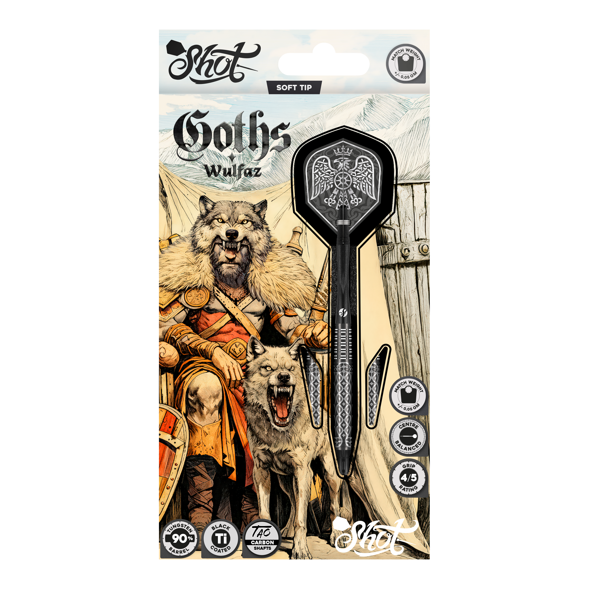 Shot Goths Wulfaz Softdarts - 20g Auf dem Bild sind die Shot Goths Wulfaz Softdarts mit 20g Gewicht zu sehen. Das moderne Design sorgt für ein optimales Dartspiel.
