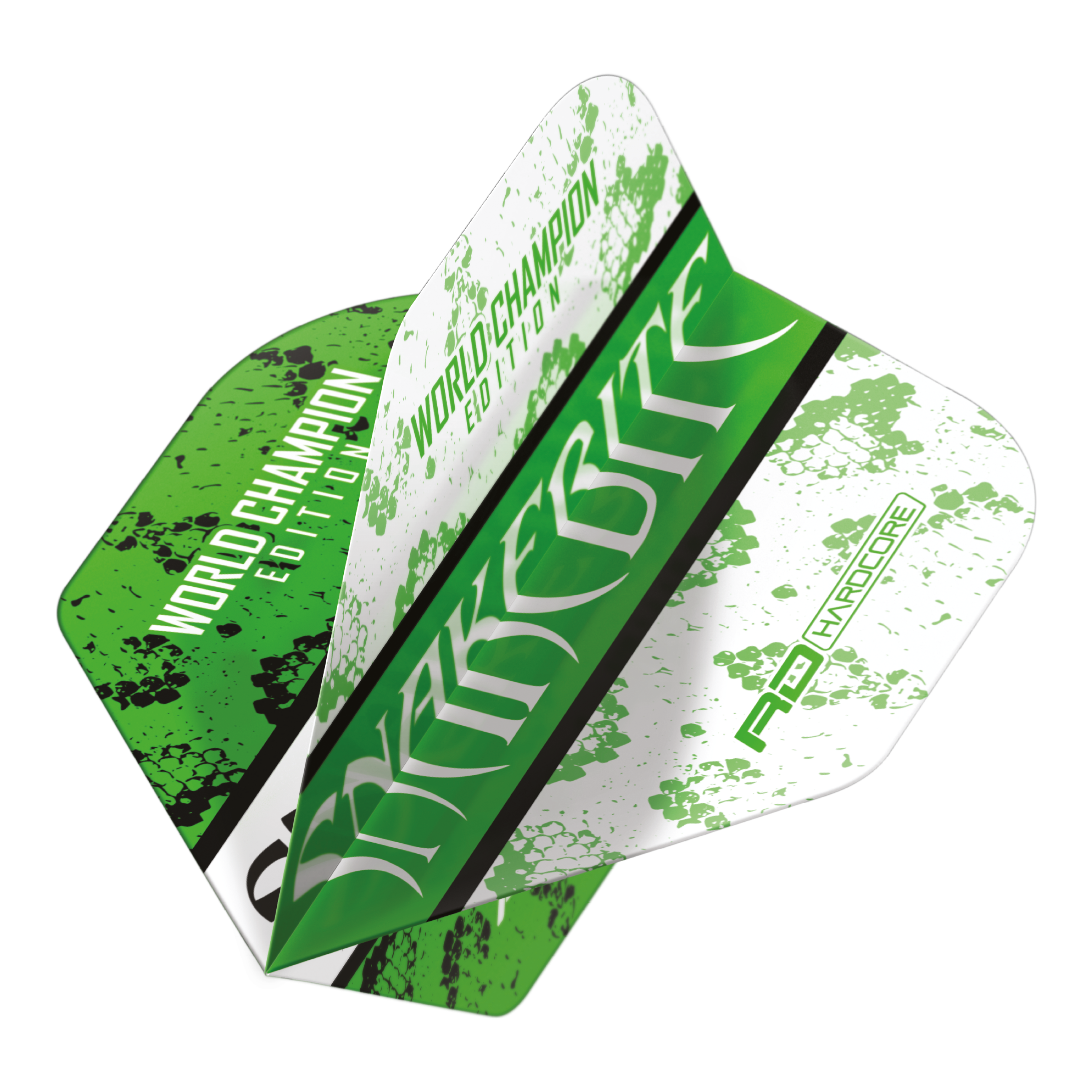 Das Bild zeigt ein Dart-Flight mit grün-weißem Design und dem Aufdruck "Snakebite" sowie "World Champion Edition". Es handelt sich um das Modell "Red Dragon Peter Wright Snakebite Green White Yin Yang Standard Flights".