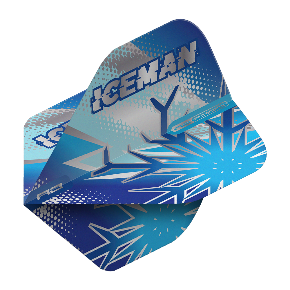 Red Dragon Gerwyn Price Blue Flake No2 Standard Flights Das Bild zeigt die Dartflights „Red Dragon Gerwyn Price Blue Flake No2 Standard Flights“ in Blau mit Eiskristall-Design. Auf den Flights steht groß das Wort „ICEMAN“.