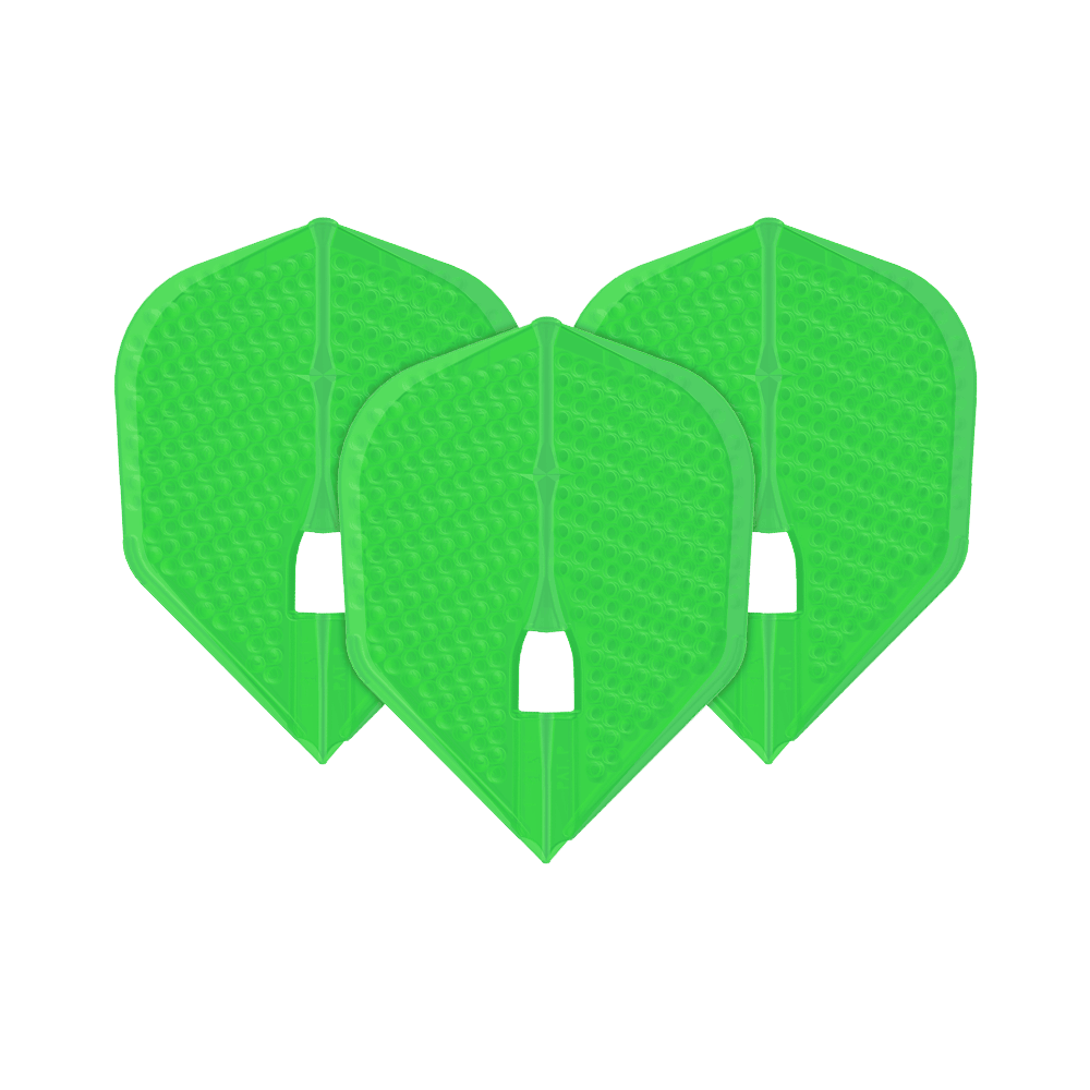 Das Bild zeigt drei grüne Dartflights in einer speziellen Form mit Dimple-Struktur. Es handelt sich um das Produkt "L-Style Flights Dimple Champagne L3PRO Shape".