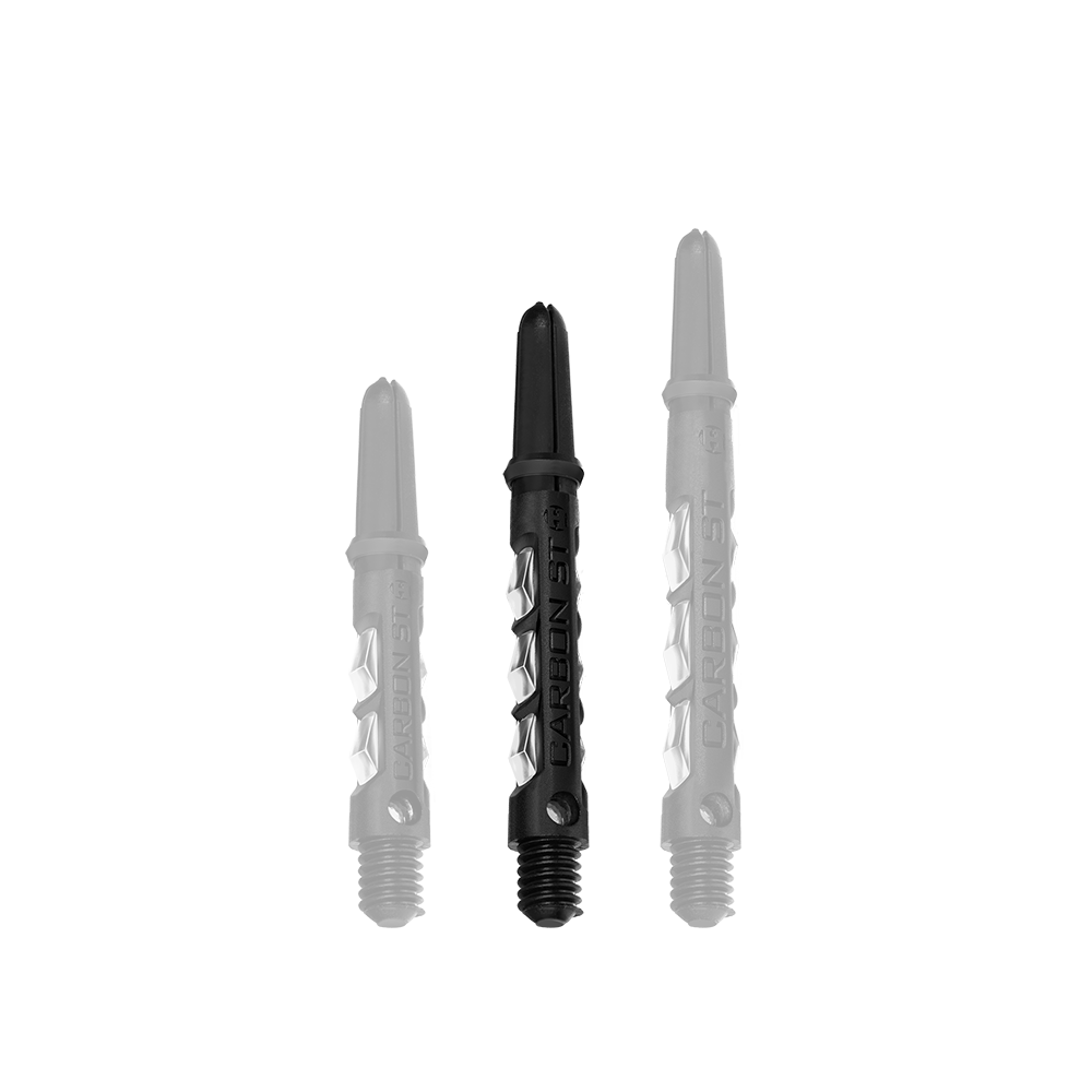 HR417_Harrows_Carbon_ST_Shafts_Clear_40mm_1 Das Bild zeigt drei Harrows Carbon ST Shafts in transparenter Ausführung. Die Dart-Schäfte sind unterschiedlich lang und aus robustem Material gefertigt.