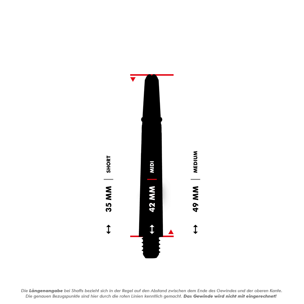 _Harrows_Carbon_360_Shafts_5_42mmUxvYpPdusGSZG Das Bild zeigt die Längen von Dartshafts in drei verschiedenen Größen: 35 mm (Short), 42 mm (Midi) und 49 mm (Medium). Die roten Linien markieren die Messpunkte, wobei das Gewinde nicht mit einberechnet wird.