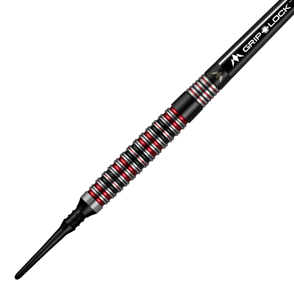 Mission Red Dawn Model 3 Softdarts - 20g Das Bild zeigt einen Mission Red Dawn Model 3 Softdart mit einem Gewicht von 20 Gramm. Der Dart hat ein modernes Design mit schwarzen, silbernen und roten Akzenten.