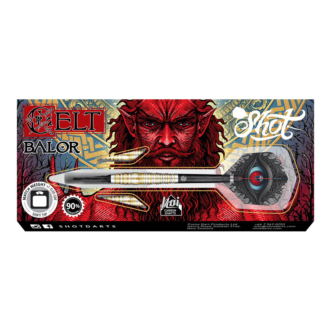 Shot Celt Balor Softdarts Die Abbildung zeigt die „Shot Celt Balor Softdarts“ in ihrer Verpackung. Auf der Verpackung ist ein auffälliges, rotes Fantasy-Gesicht im Hintergrund zu sehen.