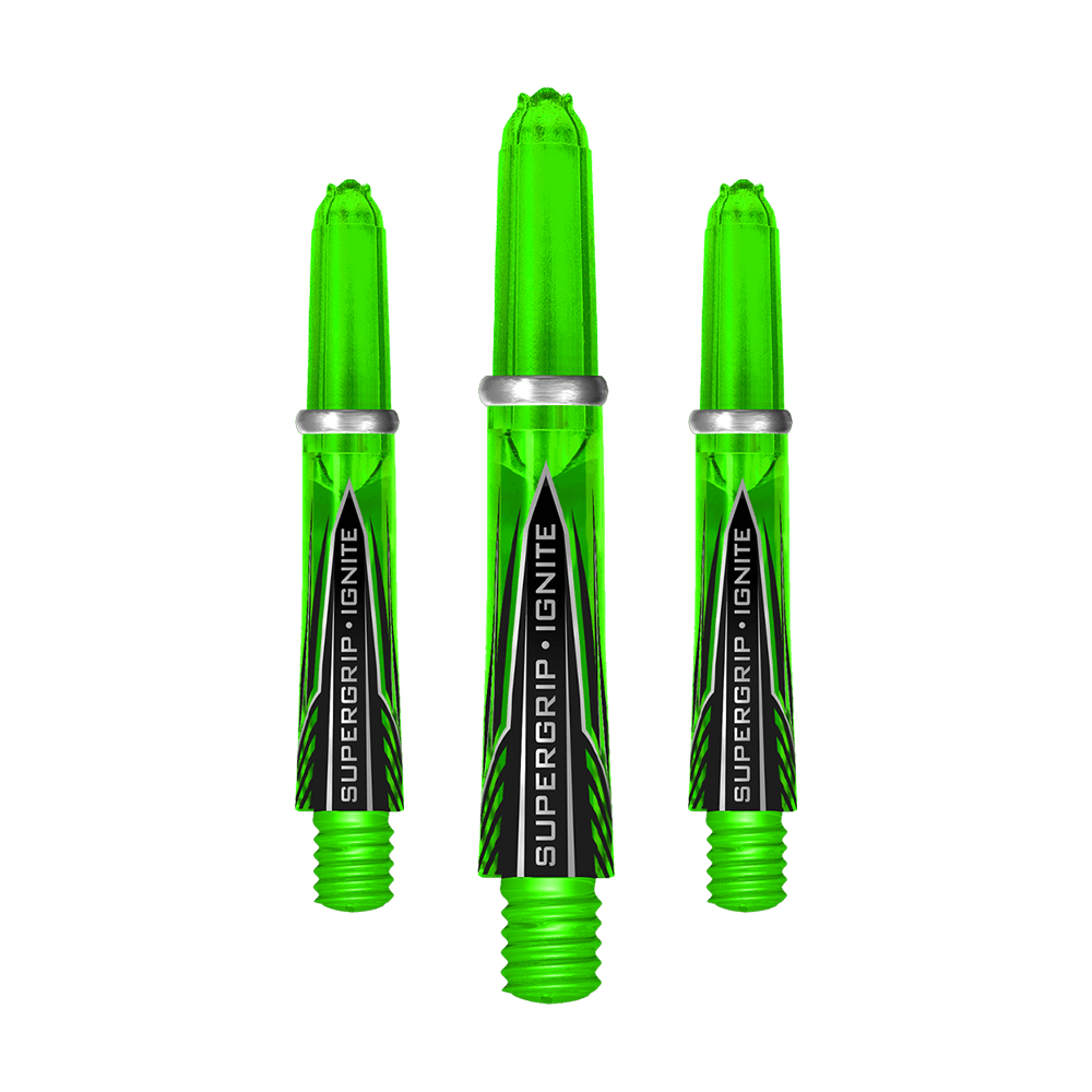 Das Bild zeigt drei grüne Harrows Supergrip Ignite Shafts. Sie sind transparent und tragen den Aufdruck "SUPERGRIP IGNITE".