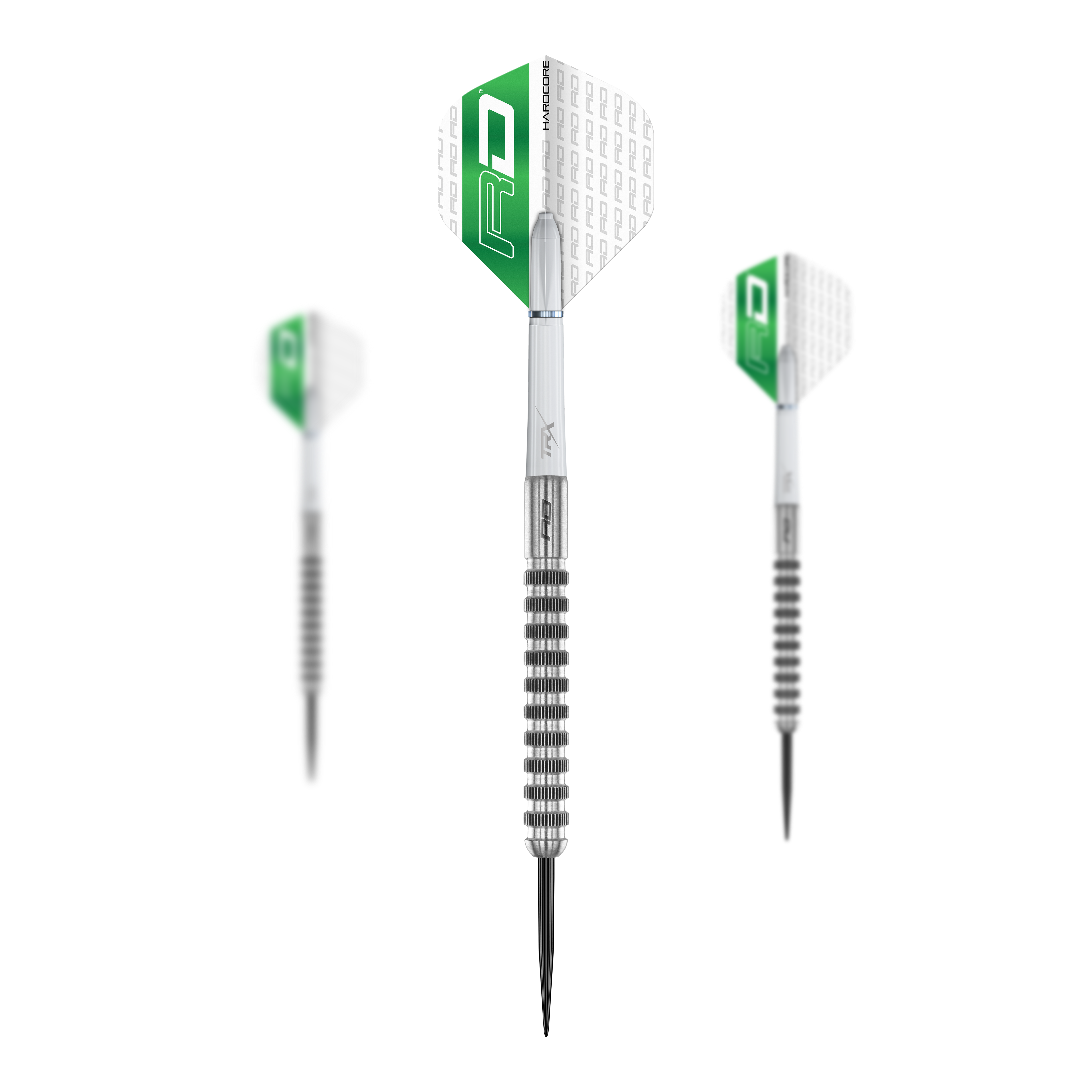 Das Bild zeigt drei Steeldarts des Produkts "Red Dragon Javelin Speedline". Die Darts haben silberne Spitzen und grün-weiße Flights mit dem RD-Logo.