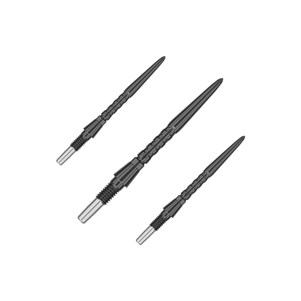Target Swiss Point Storm Surge Steeldartspitzen - Schwarz Das Bild zeigt drei schwarze Steeldartspitzen, die parallel angeordnet sind. Sie haben eine metallische Aufnahme am hinteren Ende und eine strukturierte Oberfläche.