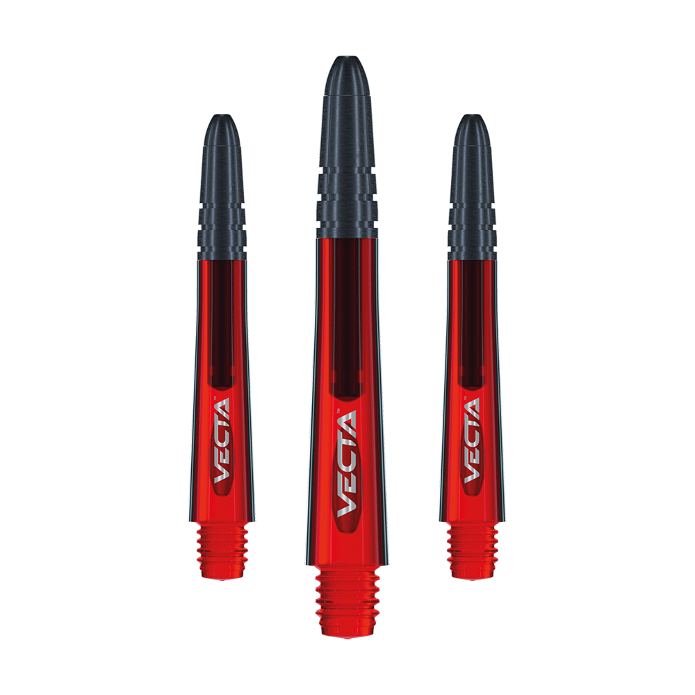 7025-403_Winmau_Vecta_Shafts_Rot_37mm_1GSgTxRmGkDpE3 Auf dem Bild sind drei rote Dart-Schäfte mit schwarzer Spitze zu sehen. Auf den Schäften steht das Wort "VECTA" in weißer Schrift.