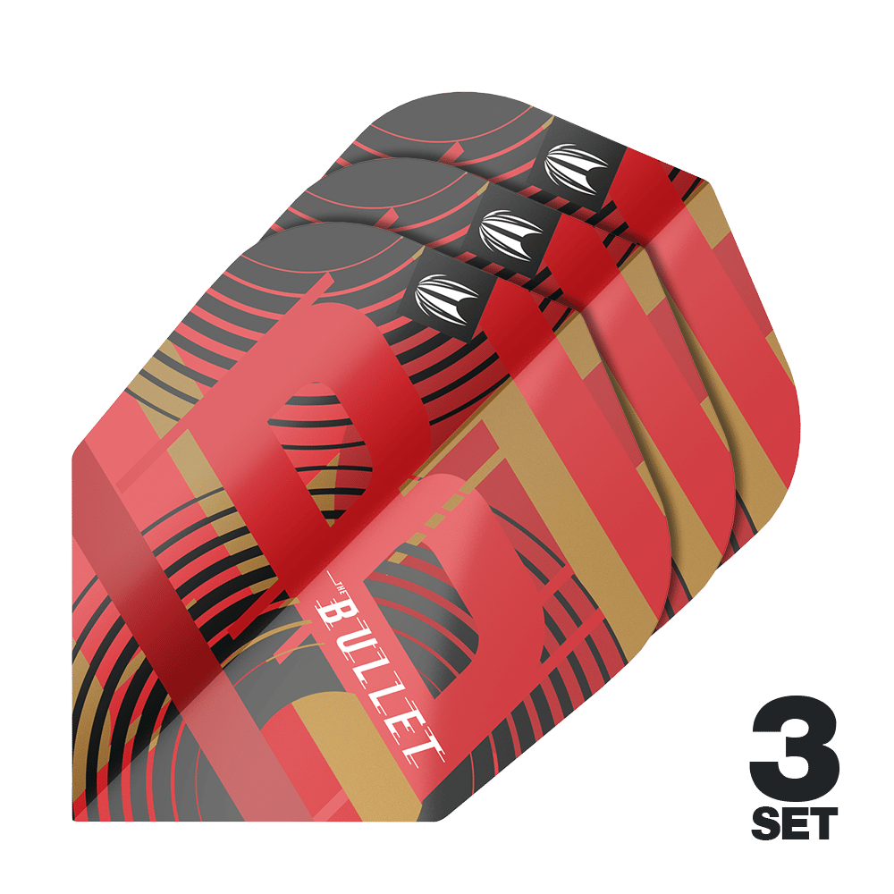 Das Bild zeigt drei Sätze der Target Pro Ultra Stephen Bunting GEN5 No6 Flights. Die Flights sind rot, schwarz und gold gefärbt und tragen das Wort "BULLET".