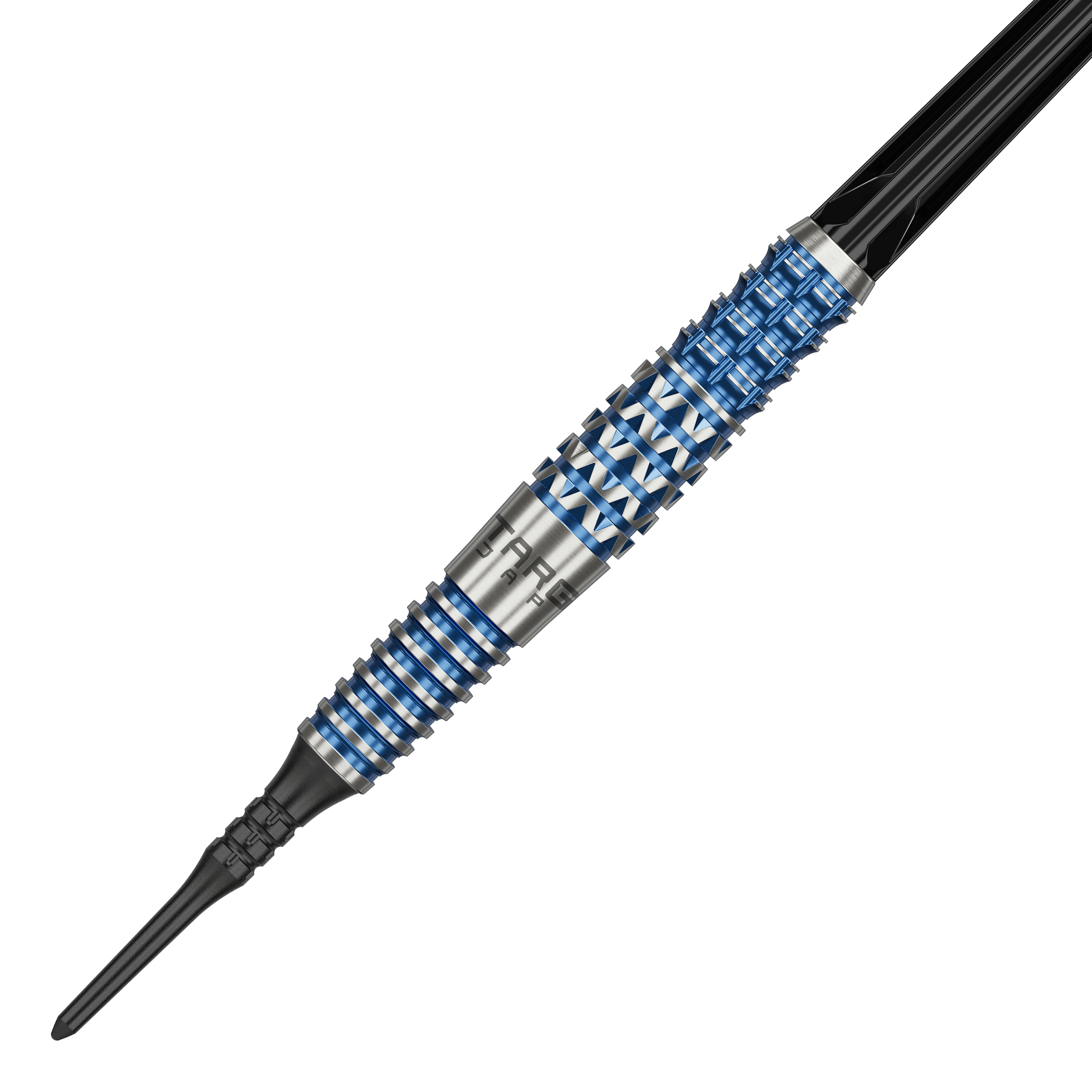 Target Japan Toru Suzuki Sereno GEN2 Softdarts - 20g Dies ist ein Softdart namens "Target Japan Toru Suzuki Sereno GEN2 Softdarts - 20g". Der Dartpfeil hat ein silbernes und blaues Rillendesign mit schwarzen Elementen.